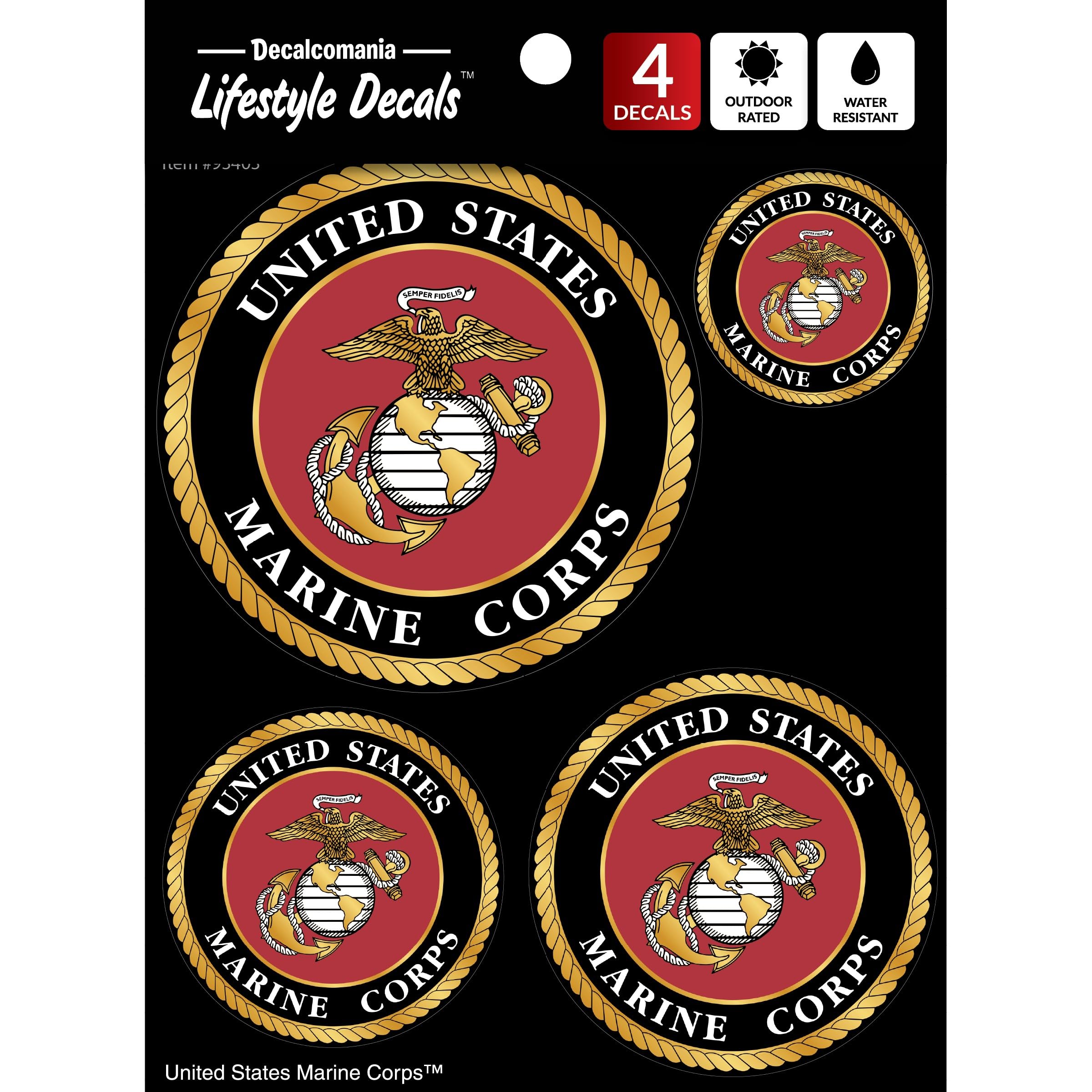Decalcomania - 4 Piece Us Marine Corps Logo Decals - Usmc Military Stickers For Truck Car Phone Tablet Laptop - 1.75'' To 4'' Ma