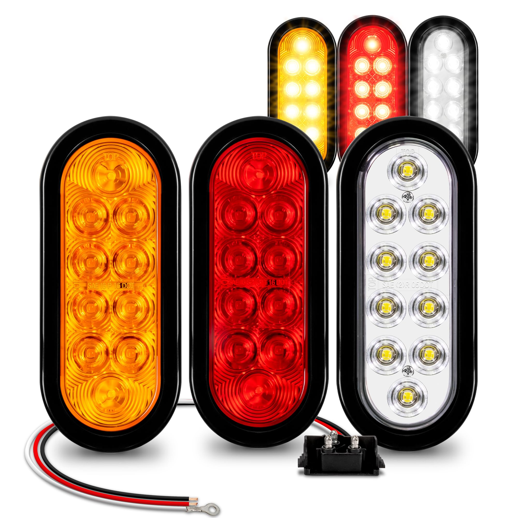 True Mods 2 Red + 2 Amber + 2 White 6'' Oval Led Trailer Tail Light Kit [Dot Fmvss 108] [Grommets & Plugs] [Ip67 Waterproof] Sto