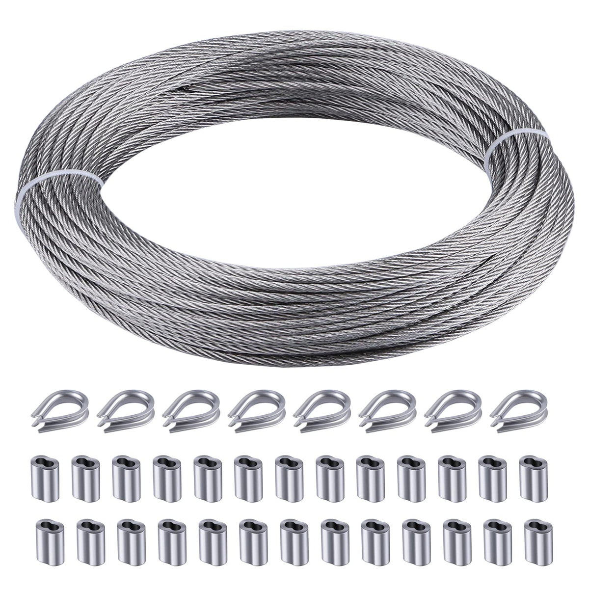Rectoo 18 wire cable, 100ft Wire Rope Metal cable With Loop Sleeve And Steel Thimble, 7x7 marine stainless steel Strand core Per