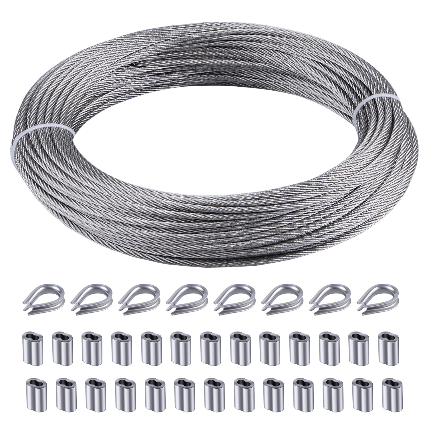 Rectoo 18 Wire Cable, 100Ft Wire Rope Metal Cable With Loop Sleeve And Steel Thimble, 7X7 Marine Stainless Steel Strand Core Per -Like New