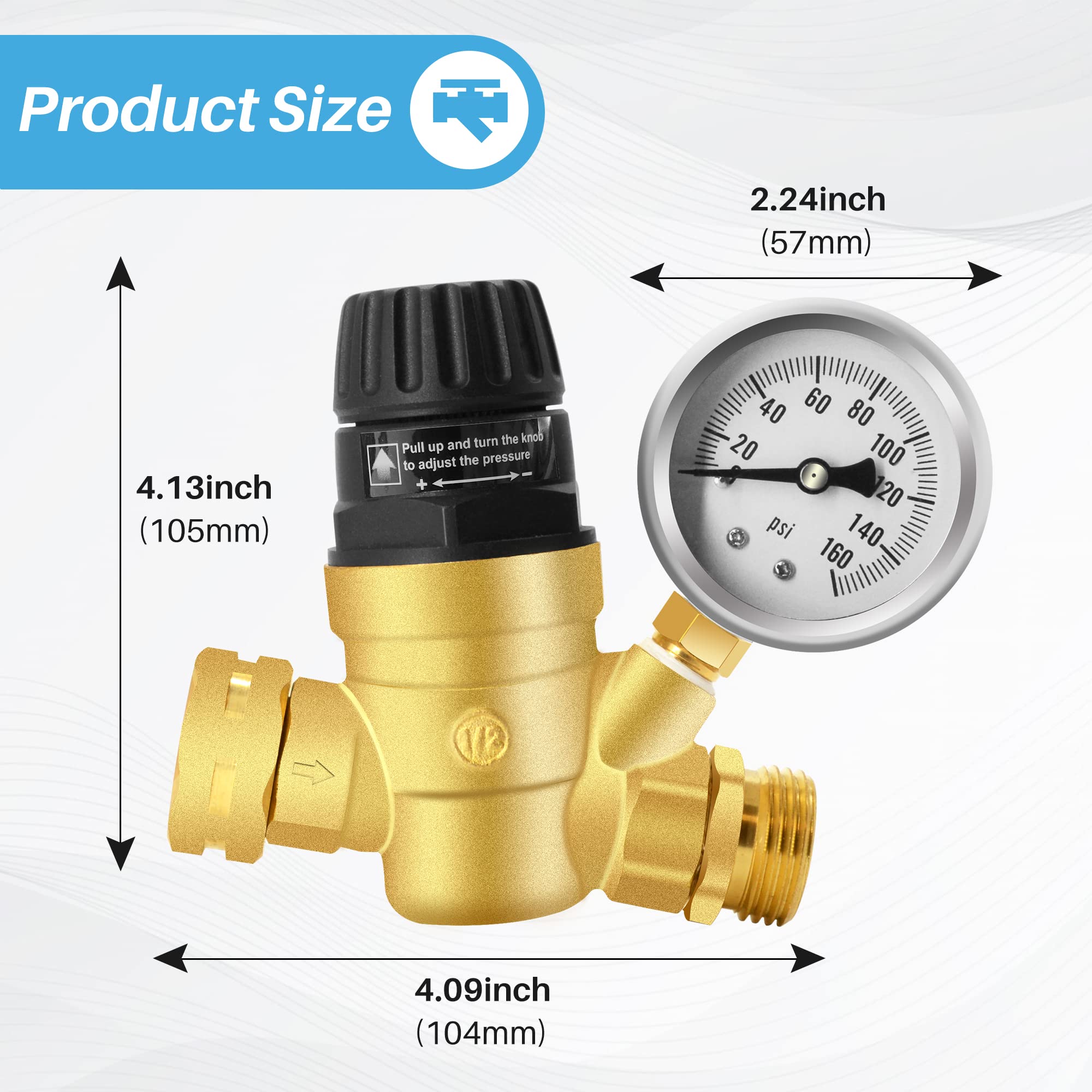 Boltigen Handle Adjustable Rv Water Pressure Regulator With Gauge, 3/4’’ Ght 160Psi Lead-Free Brass Rv Pressure Reducing Valve With 4 Inlet Screened Filters For Rv Camper, Travel Trailer, Garden Hose