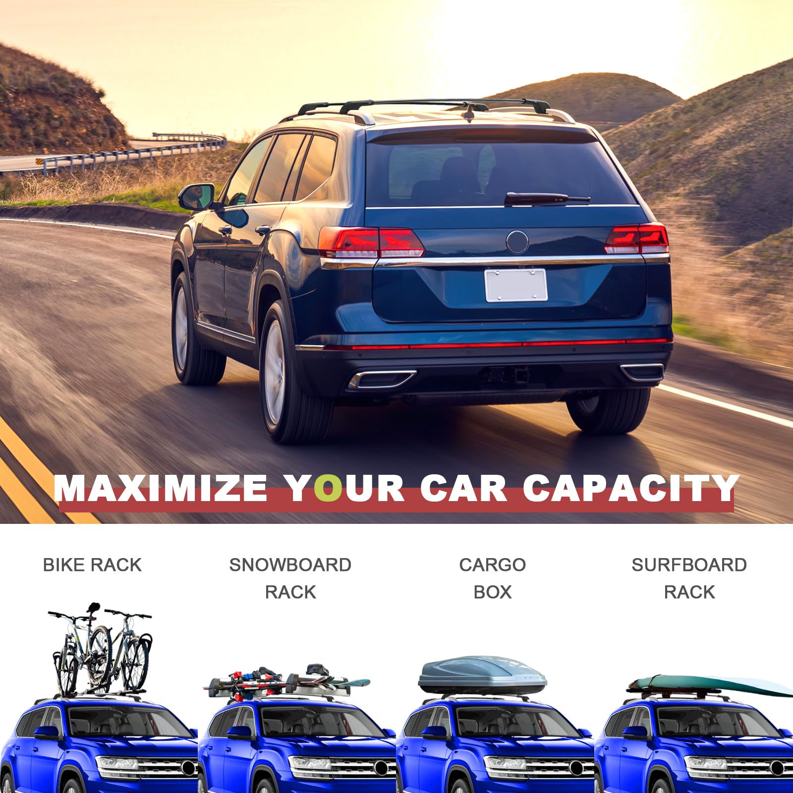 Kinggeri 220Lb Lockble Roof Rack Cross Bars Compatible With Volkswagen Vw Atlas 2017-2025 With Raised Side Rails(Not For Atlas C