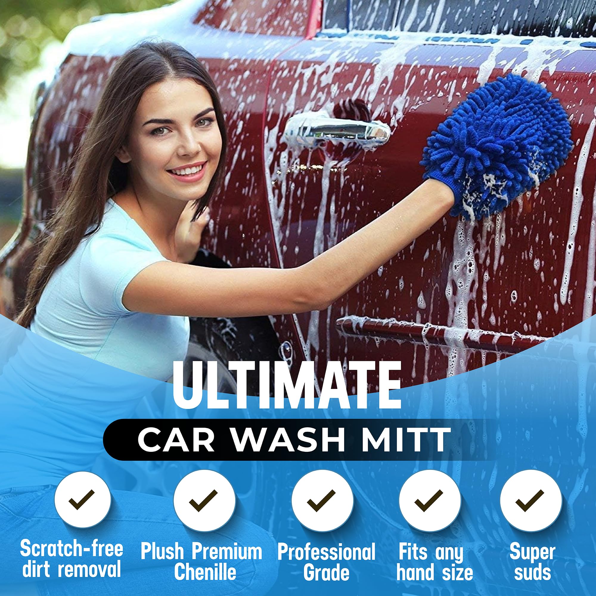 Ultra Plush Microfiber Car Wash Mitt - Scratch-Free, Lint-Free, Extra Absorbent, Machine Washable - Detailing Chenille Cleaning
