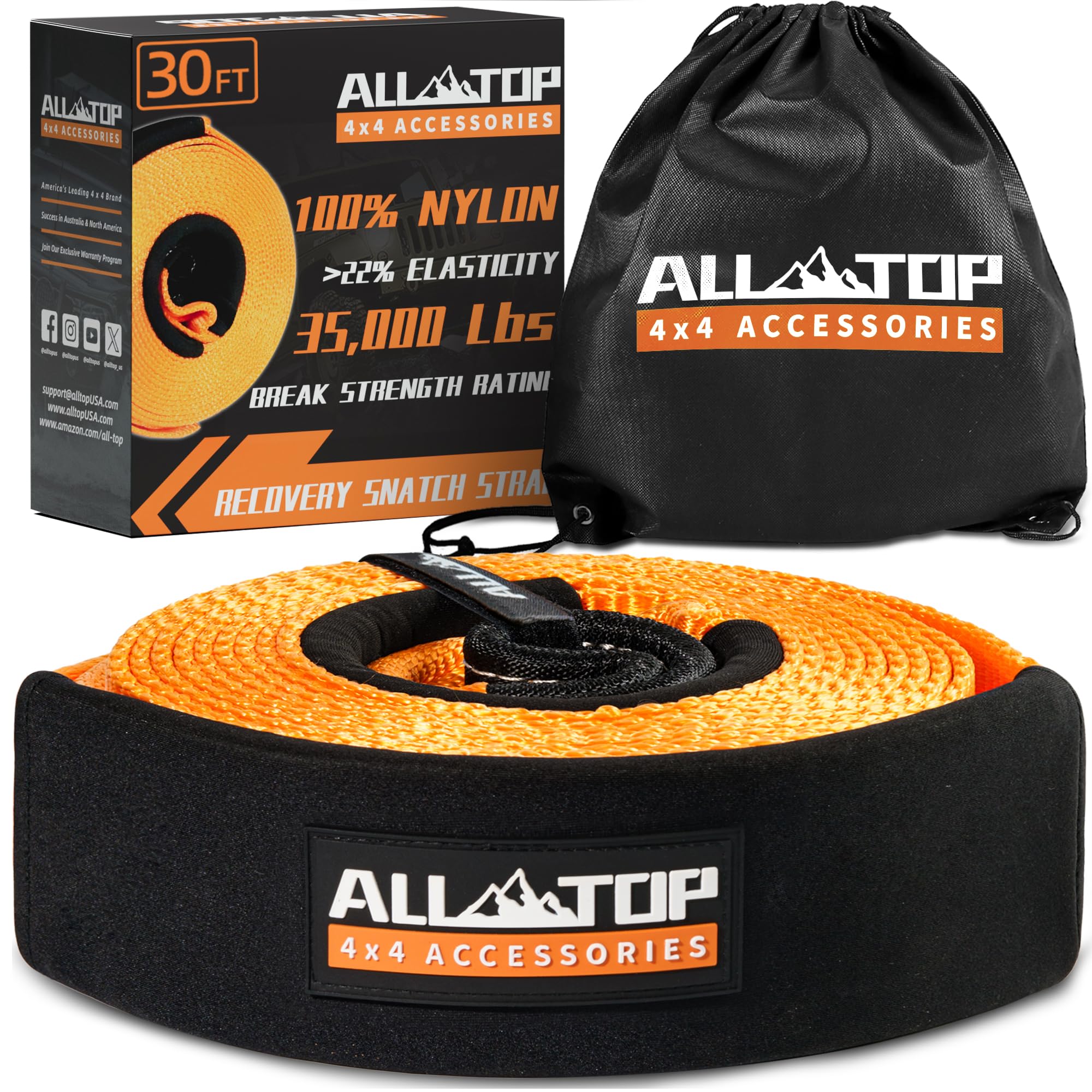 All-Top Recovery Snatch Strap, 3In X 30Ft - 35000Lbs, Heavy Duty 100% Nylon Kinetic Towing Recovery Strap With 22% Elongation &