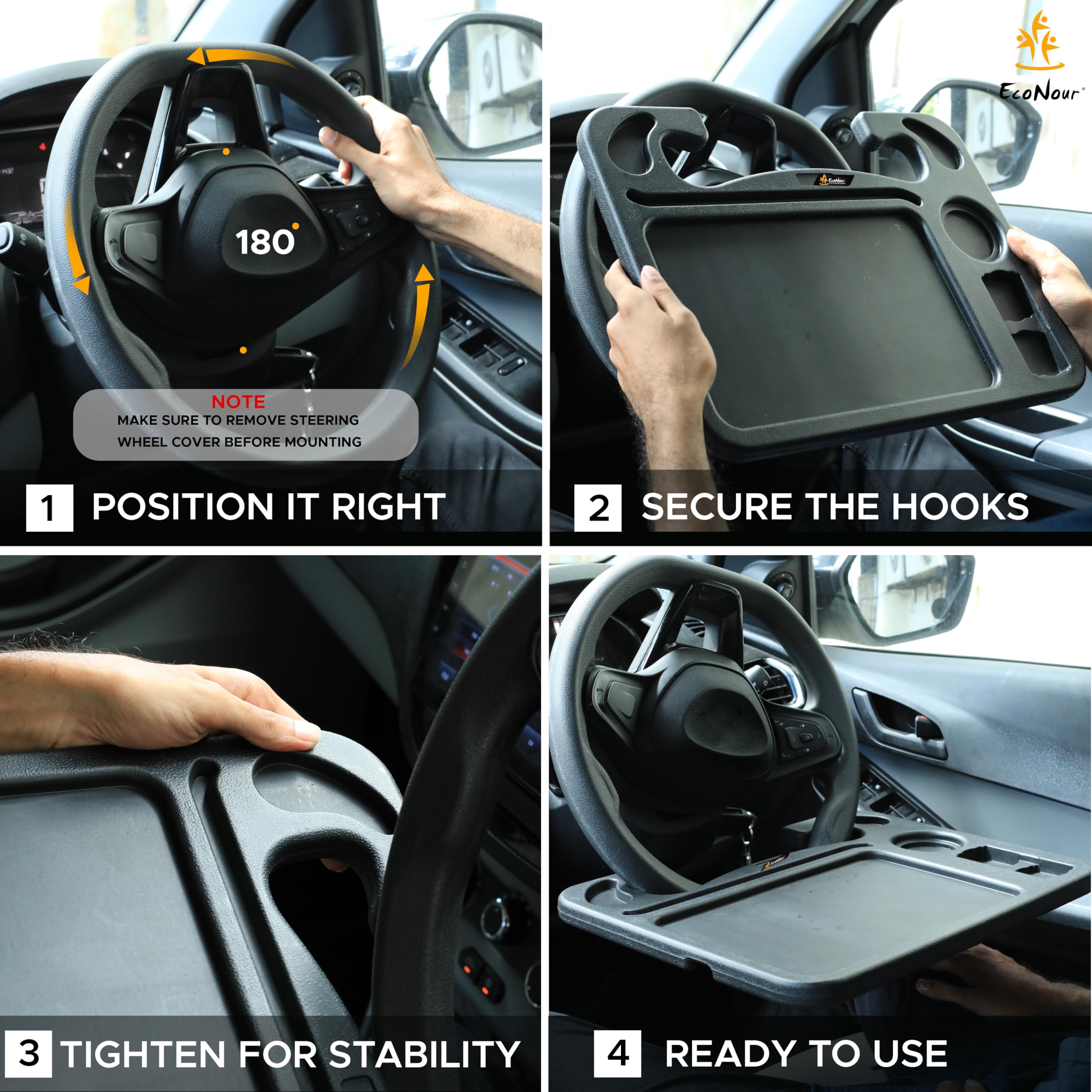 Econour 4 In 1 Car Steering Wheel Tray - 2024 Upgraded Tray With Dual Sauce Dip Holder And Tablet Holder | Spacious Steering Whe