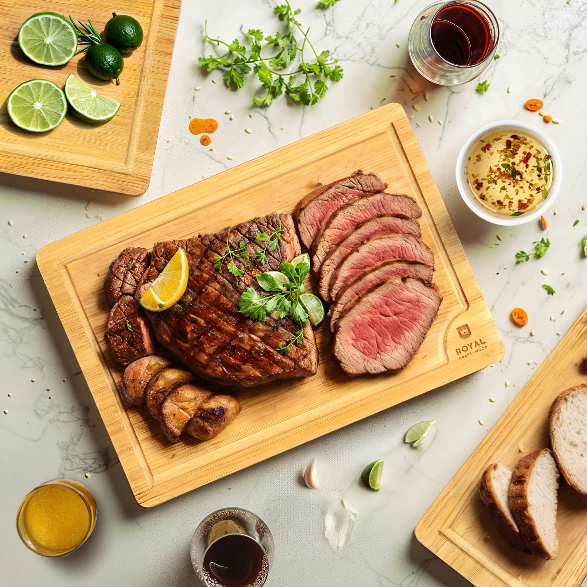 Wooden Cutting Boards For Kitchen Meal Prep & Serving - Bamboo Wood Cutting Board Set - Charcuterie & Chopping Butcher Block For