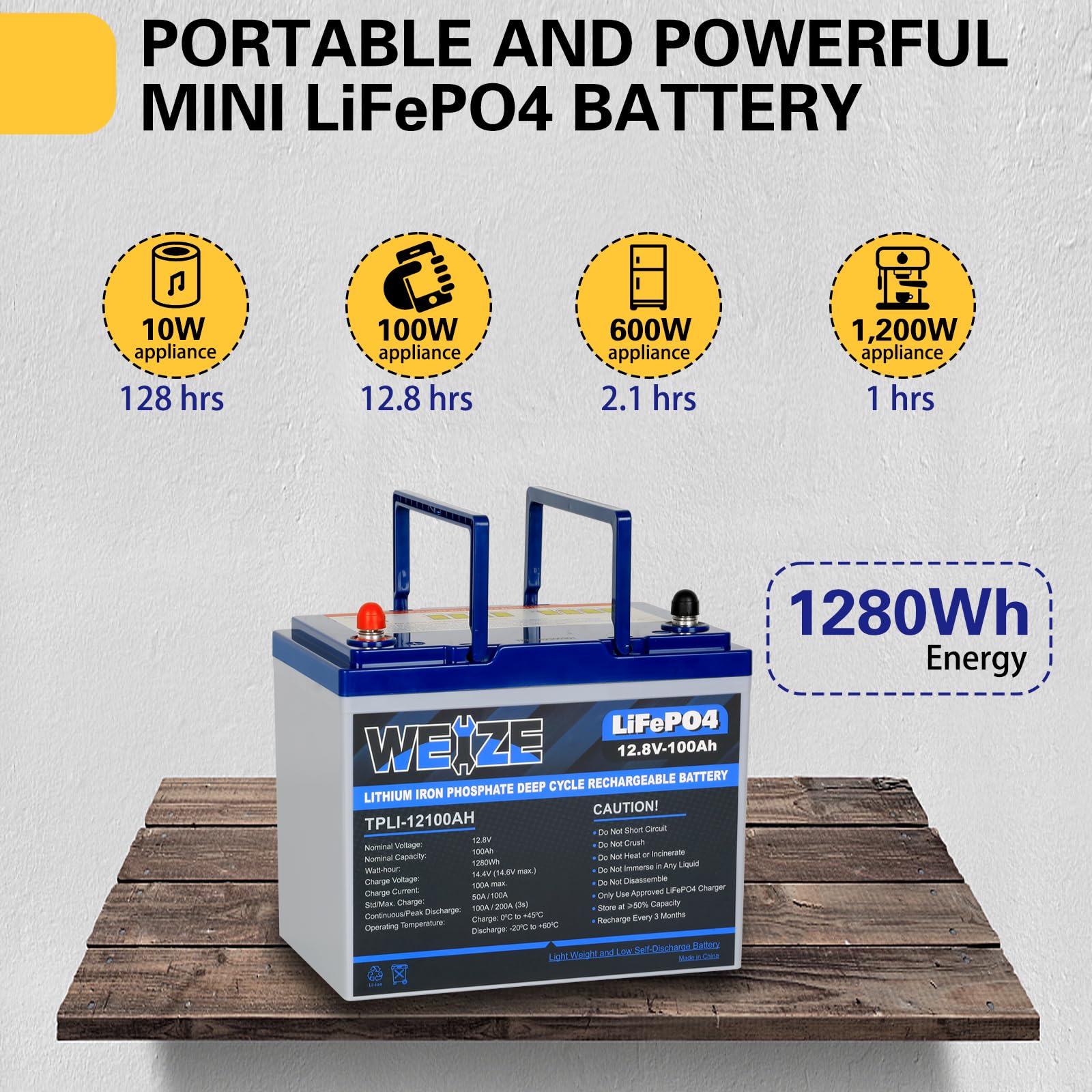 Weize 12V 100Ah Mini Lifepo4 Battery, Built-In 100A Smart Bms, Deep Cycle Lithium Iron Phosphate Battery Perfect For Rv, Solar,