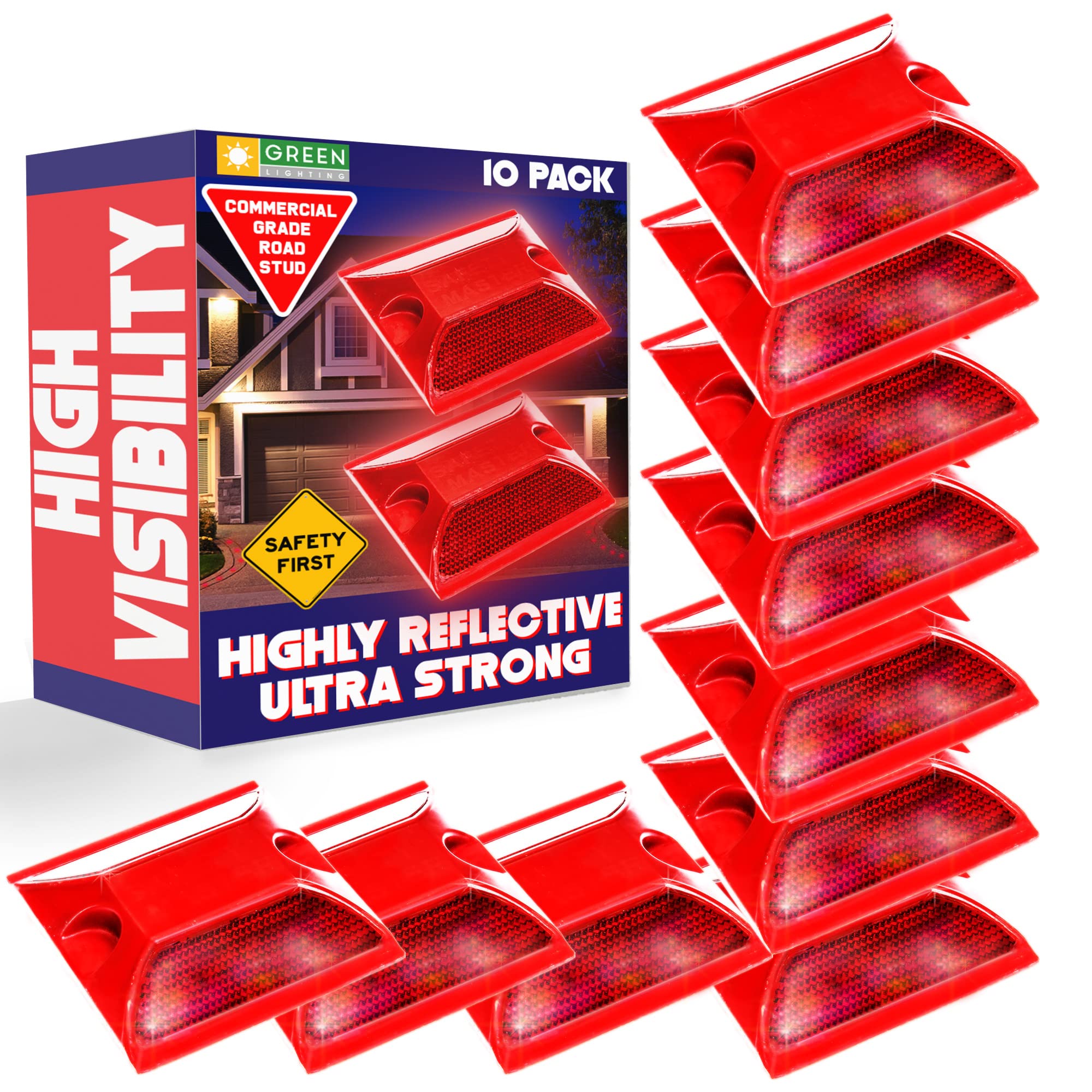 10 Pack Commercial Reflective Road Pavement Marker - Reflective Driveway Marker (Red)