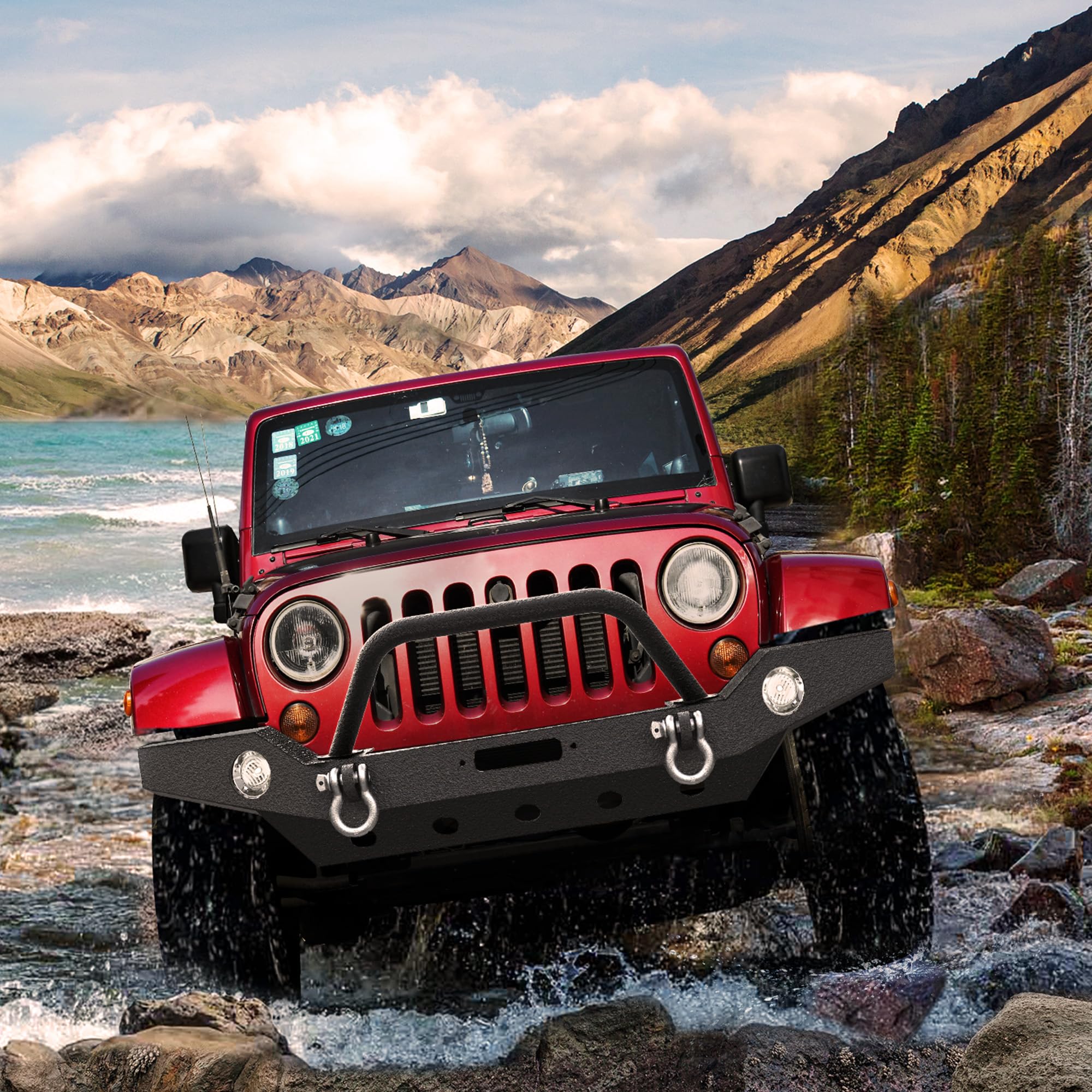 Ledkingdomus Full Width Front& Rear Bumper With Tire Carrier Compatible With 07-18 Jeep Wrangler Jk And Jk Unlimited Rock Crawle