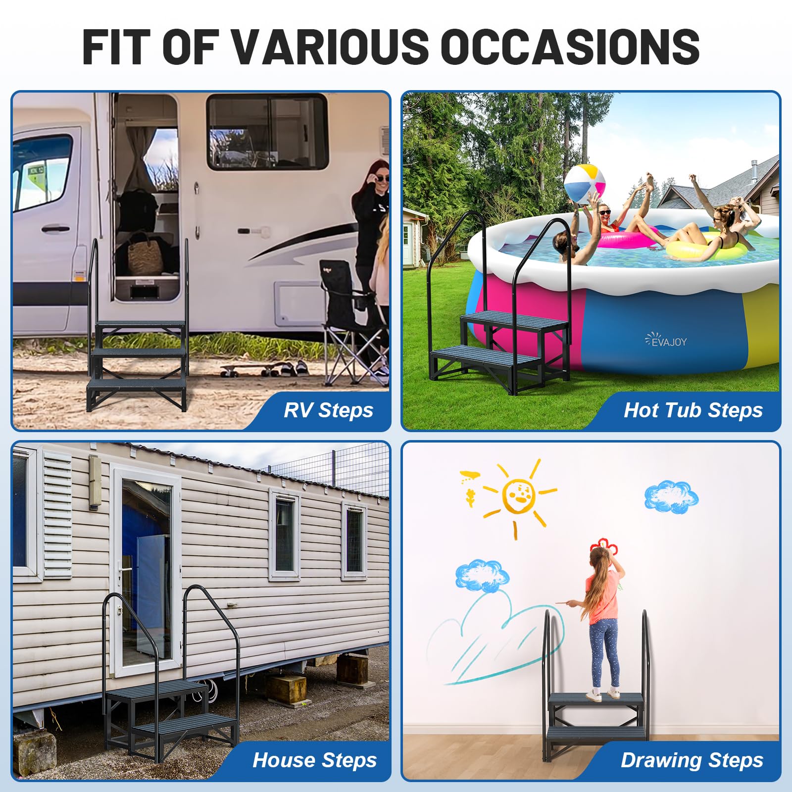 RV Steps Spa Steps with Handrail - 2 Step Hot Tub Steps Trailer Steps Mobile Home Stairs for 5th Wheel RV, Trailer, Hot Tub, Poo