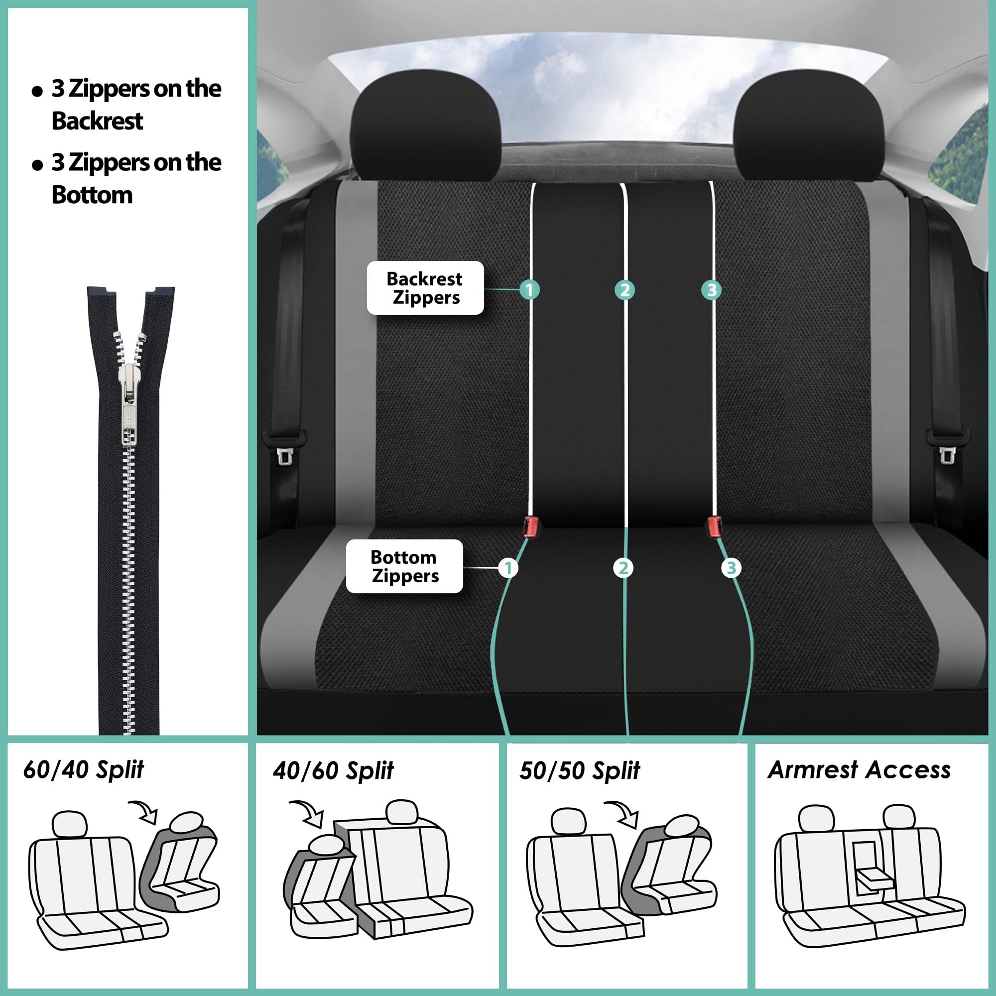 Fh Group Sports Car Seat Cover Split Bench Automotive Seat Cover Fits Detachable Headrests And Split Seats Gray Car Seat Covers