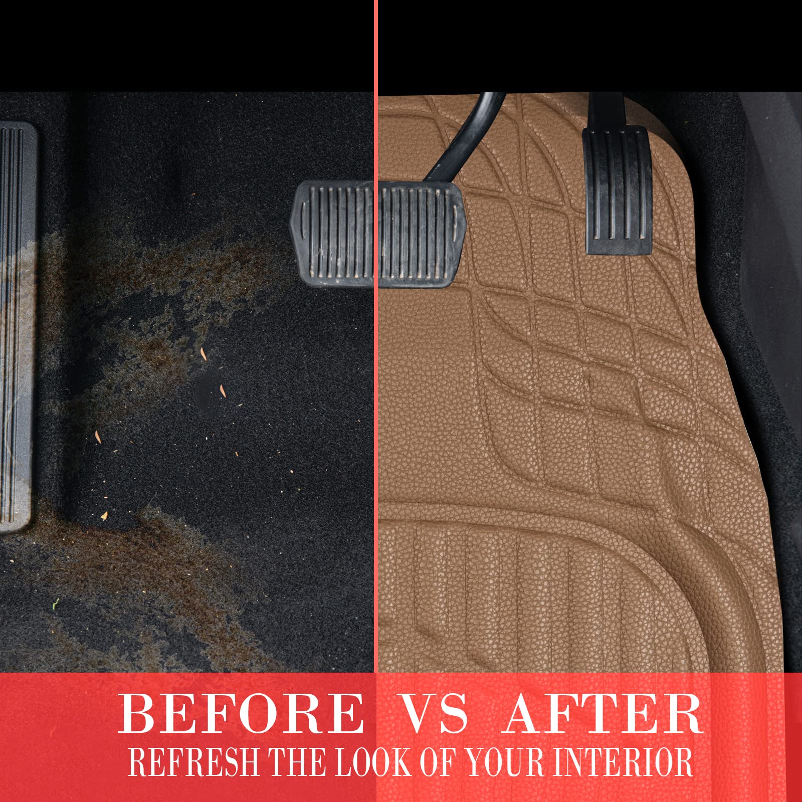 Cass Pass 4 Piece Leather Car Floor Mats -3D Waterproof All Weather, Universal Trim To Fit & Anti-Slip Burr Bottom Safety & Ligh