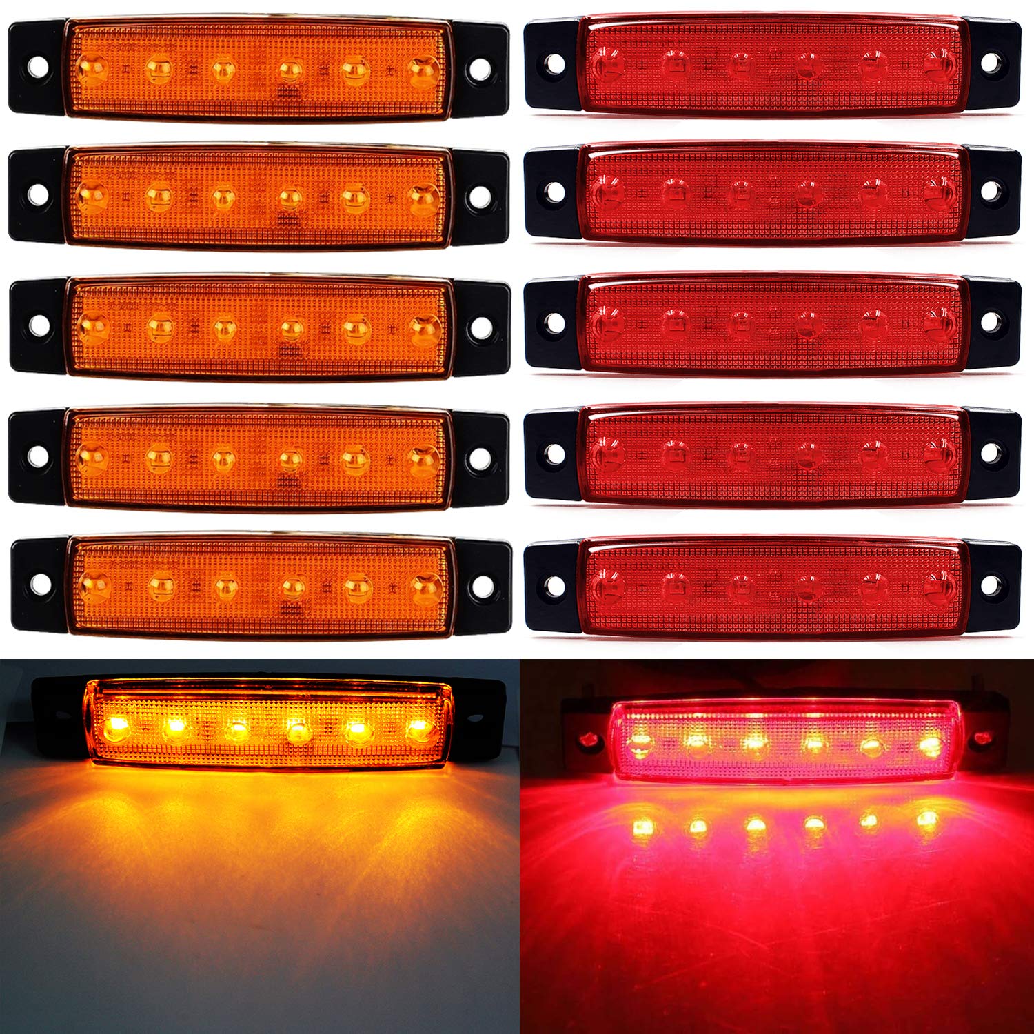 Fxc 10X 3.8 6 Led Clearence Truck Bus Trailer Side Marker Indicators Light Tail Taillight Brake Stop Lamp 12V (Red5 Amber5)