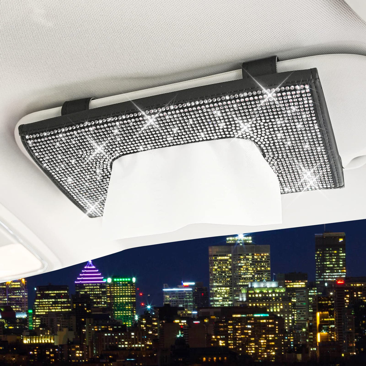 Chulian Bling Car Sun Visor Tissue Box Holder,Crystal Sparkling Napkin Holder,Pu Leather Backseat Case Accessories For Women, Bl