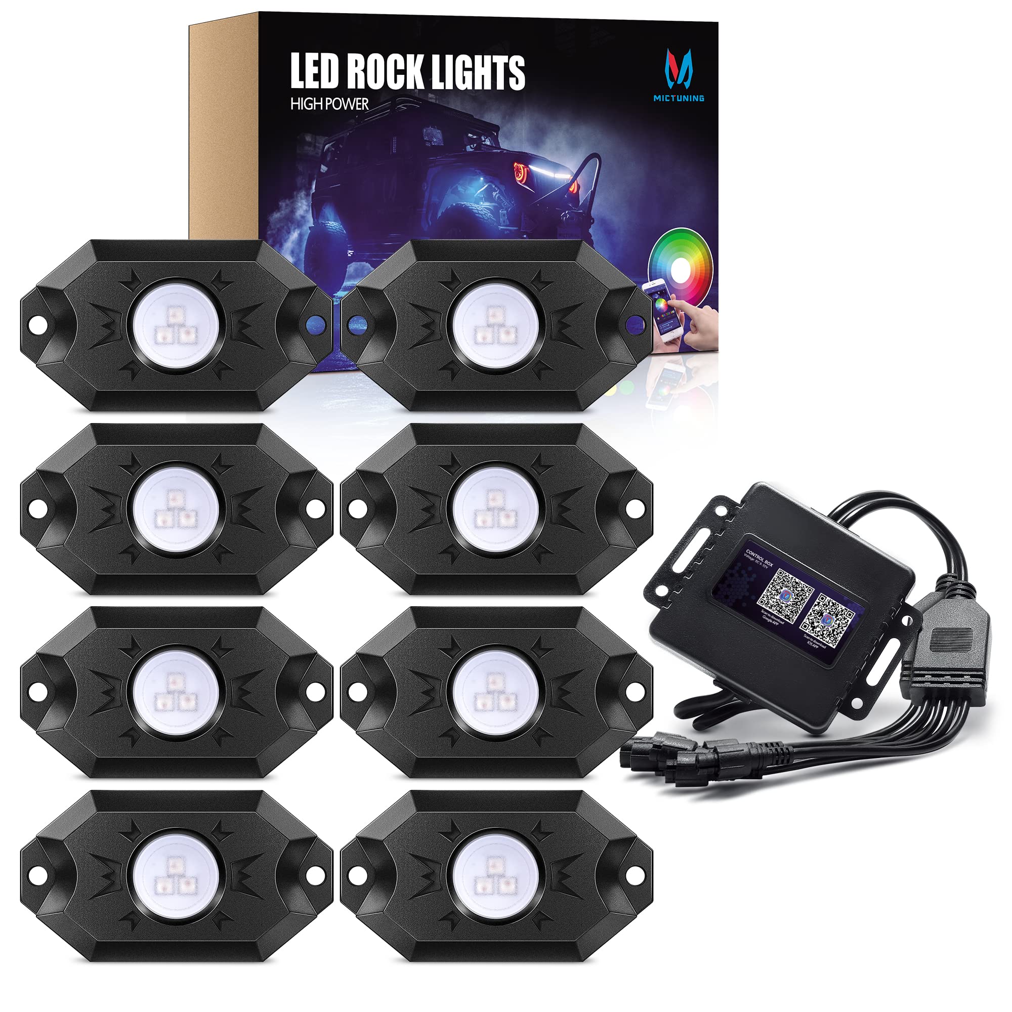 Mictuning 2Nd-Gen Rgb Led Rock Lights With Bluetooth Controller, Timing Function, Music Mode - 8 Pods Multicolor Neon Led Light
