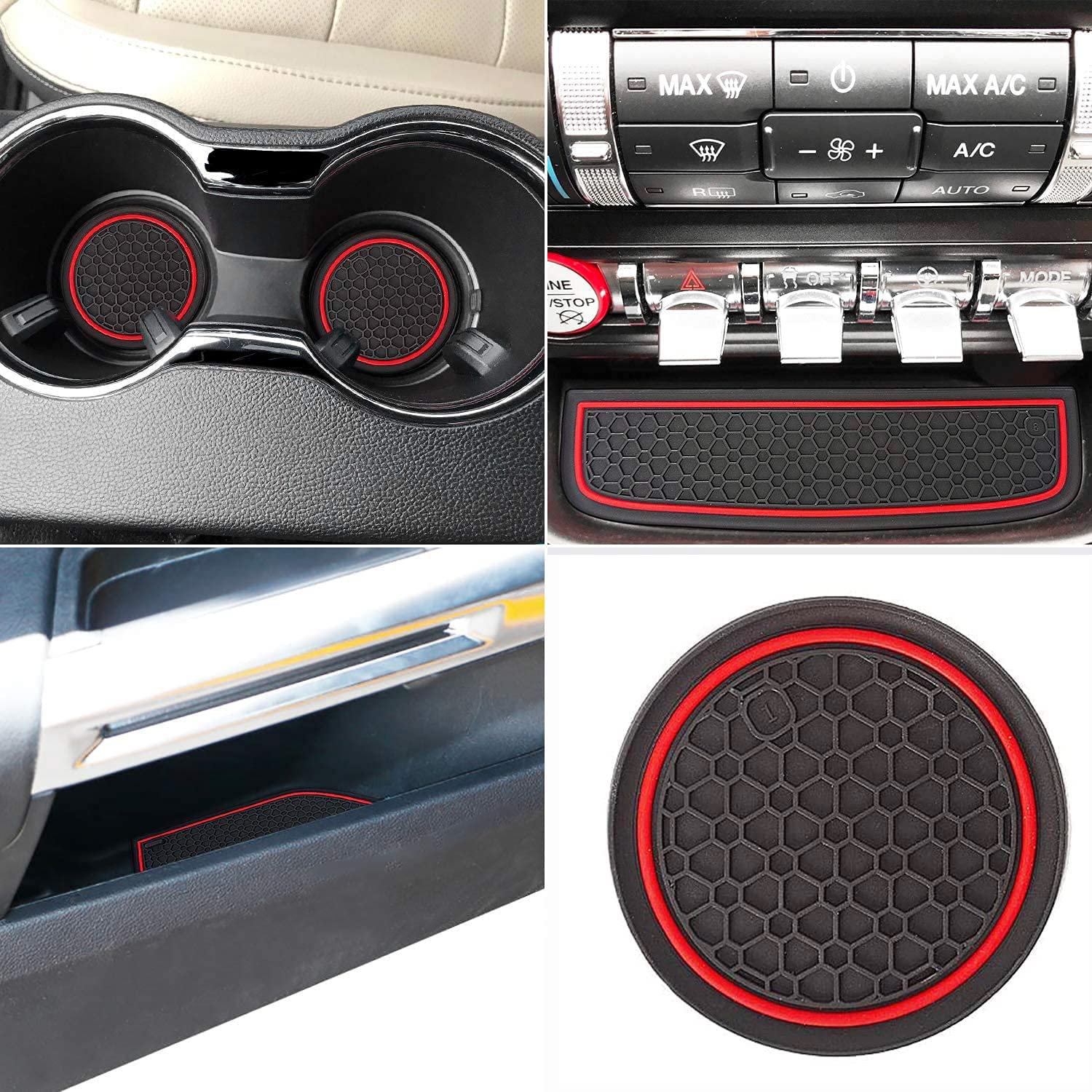 Auprite Non-Slip Mats For Mustang Accessories 2015-2023, Custom Fits Cup Holder Liners Mats Door Pocket Center Console Liners,5P