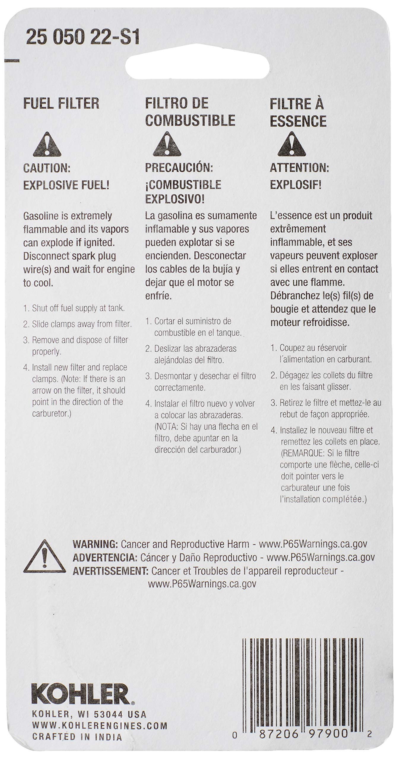 Kohler 25 050 22-S1 Engine Fuel Filter 51 Micron With 1/4-Inch Fuel Line Inside Diameter