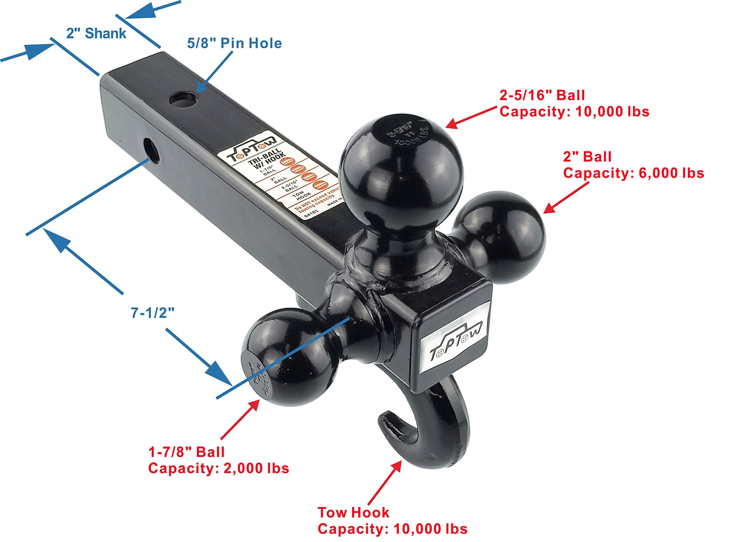 Toptow 64181L Trailer Receiver Hitch Triple Ball Mount With Hook, Black Balls, With Lock, Fits For 2 Inch Receiver