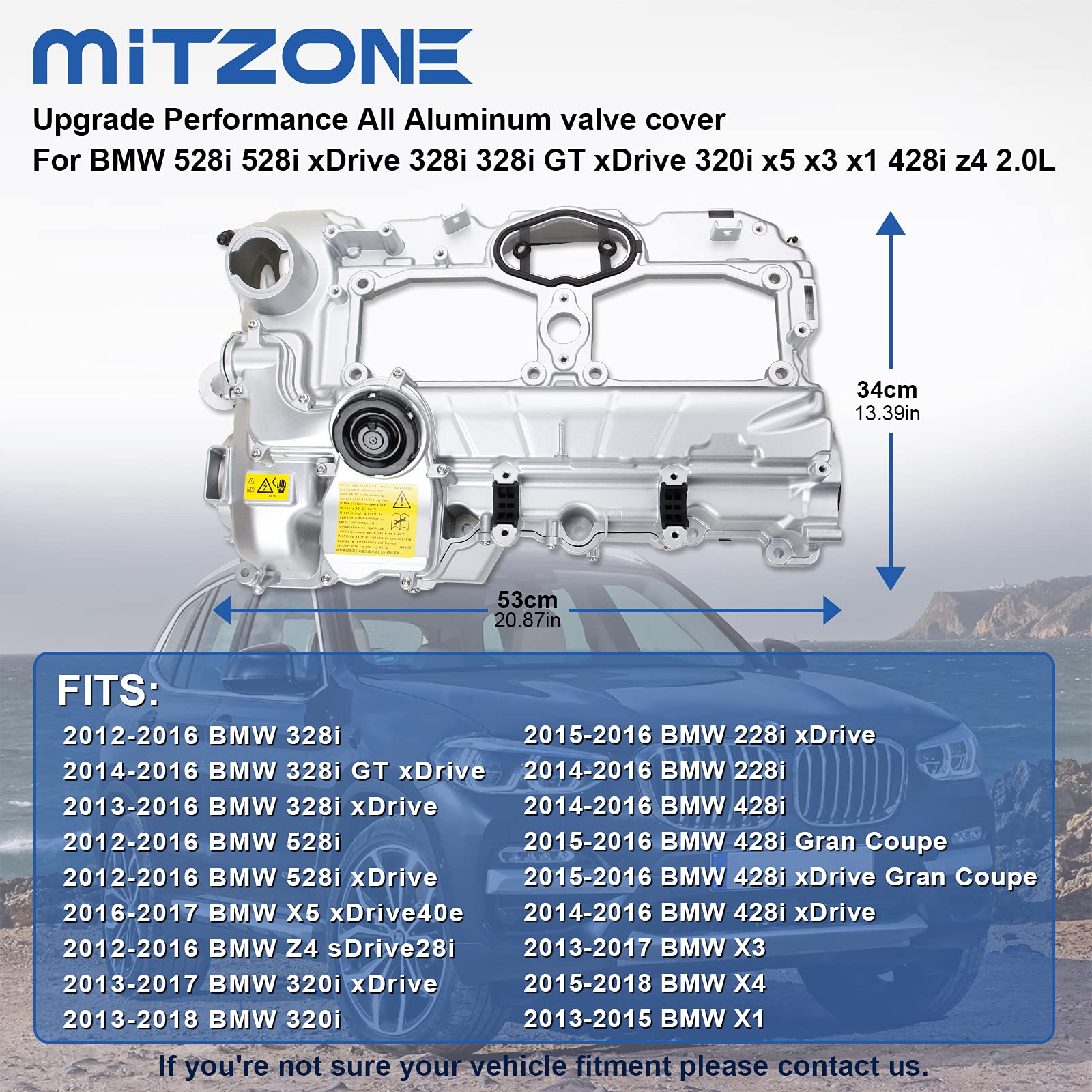 MITZONE N20 Aluminum Valve Cover Kit with Gasket & Oil Cap for BMW 2012-2018 528i, 328i, 320i, X1, X3, Z