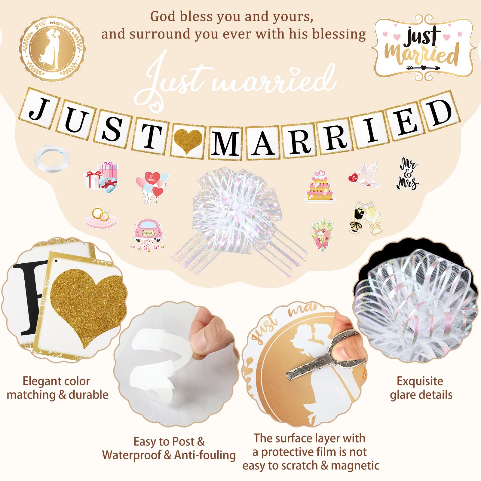 18 Pcs Just Married Wedding Car Decorations Include 12 Just Married Ornate Car Magnets Window Decal Sign Banner 4 Organza Pull B