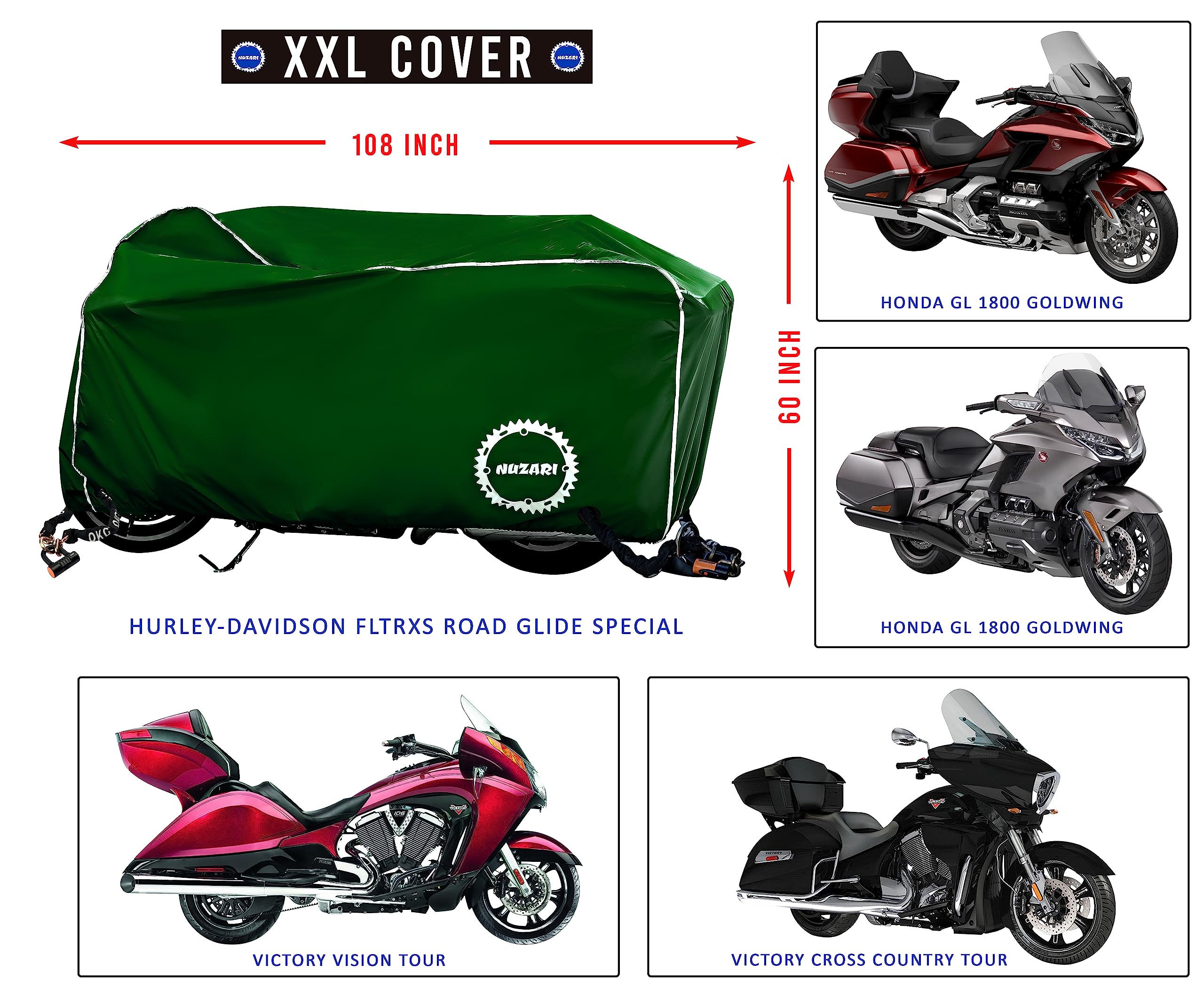 Nuzari Heavy Duty Motorcycle Cover - Motorcycle Covers Waterproof Outdoor Storage - Dirt Bike Covers (Hunter Green, Xx-Large)
