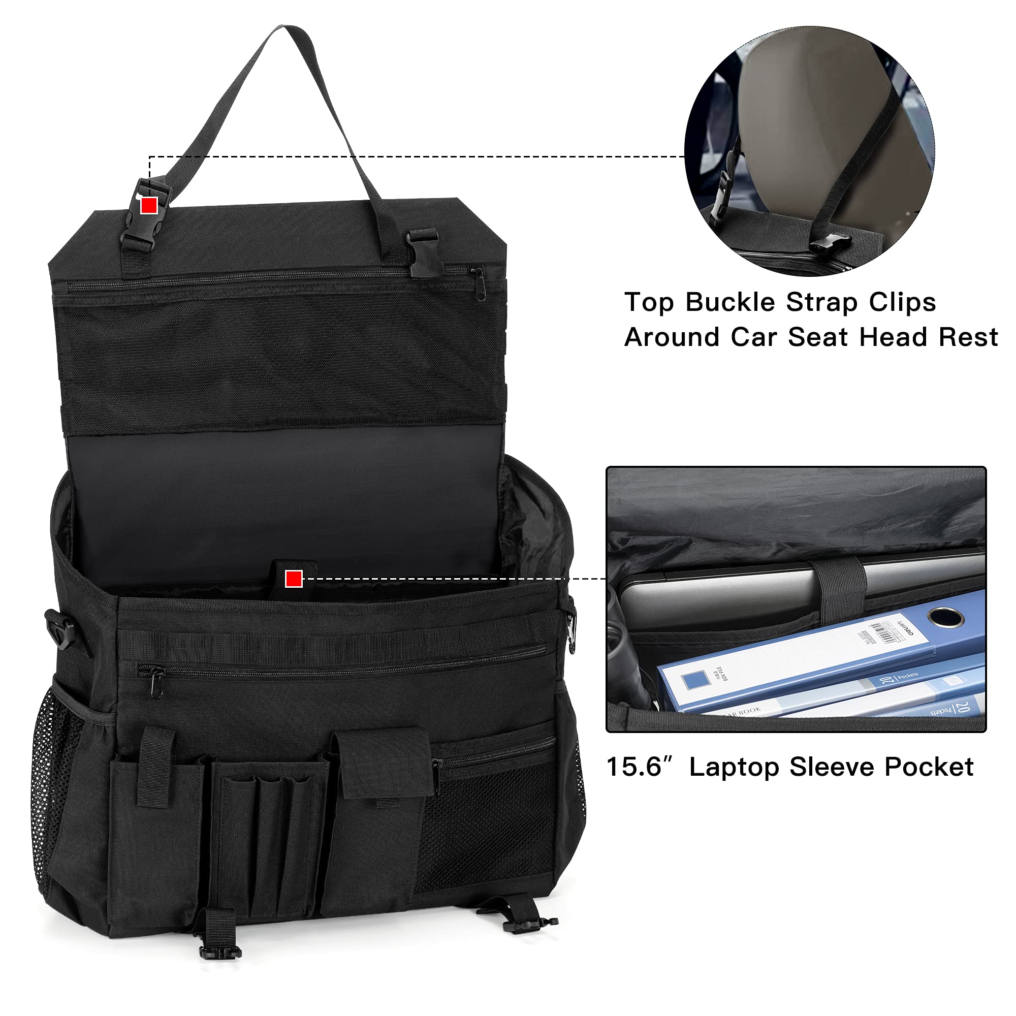 Trunab Patrol Bag, Car Front Seat Organizer, Police Duty Bag For Law Enforcement With 15.6” Laptop Sleeve, Molle Webbing, Multiple Compartment, Removable Strap, Black