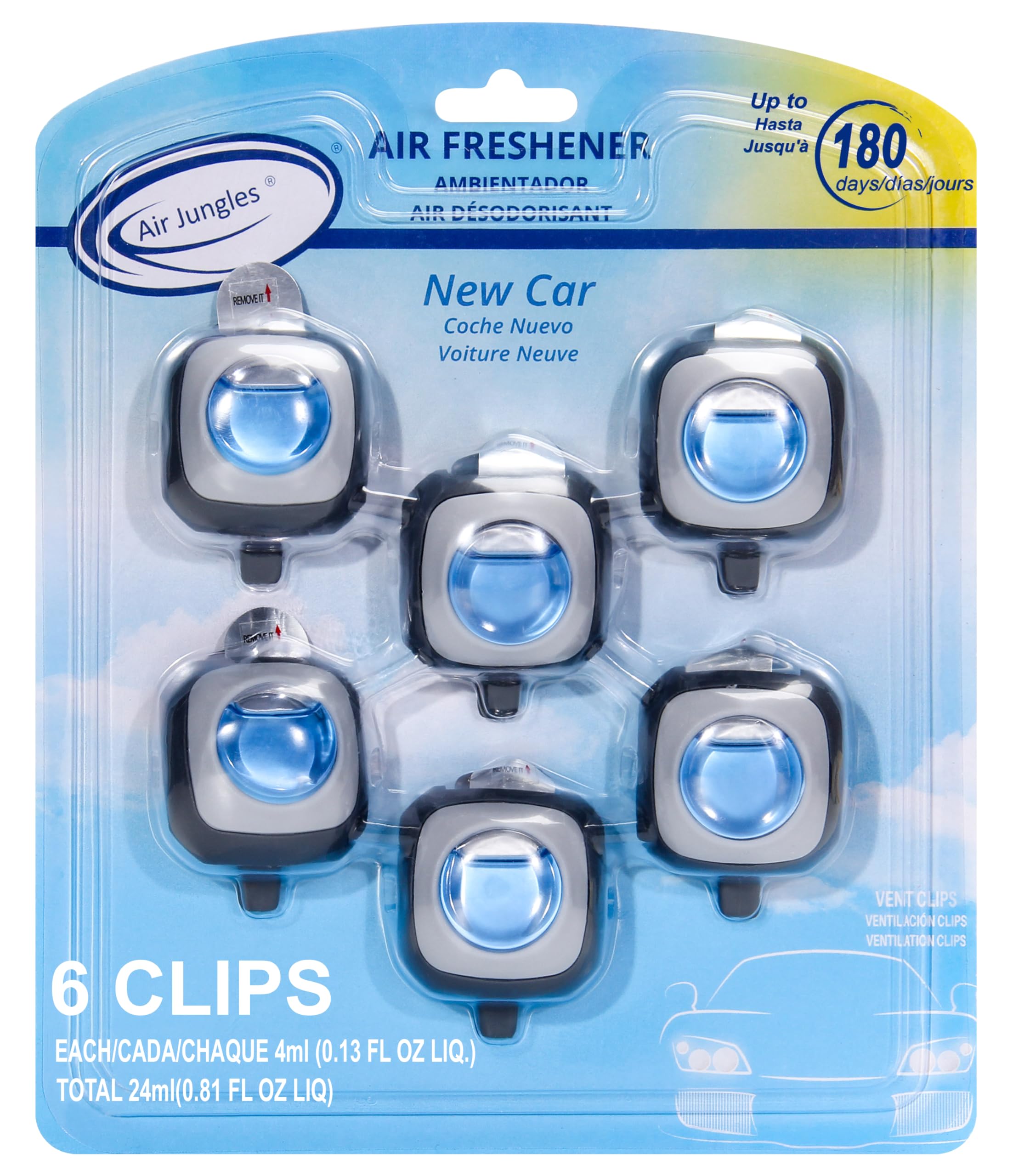 Air Jungles New Car Scent Car Air Freshener Clip, 6 Vent Clips, 4Ml Each, Long Lasting Air Freshener, Up To 180 Days Odor Elimin
