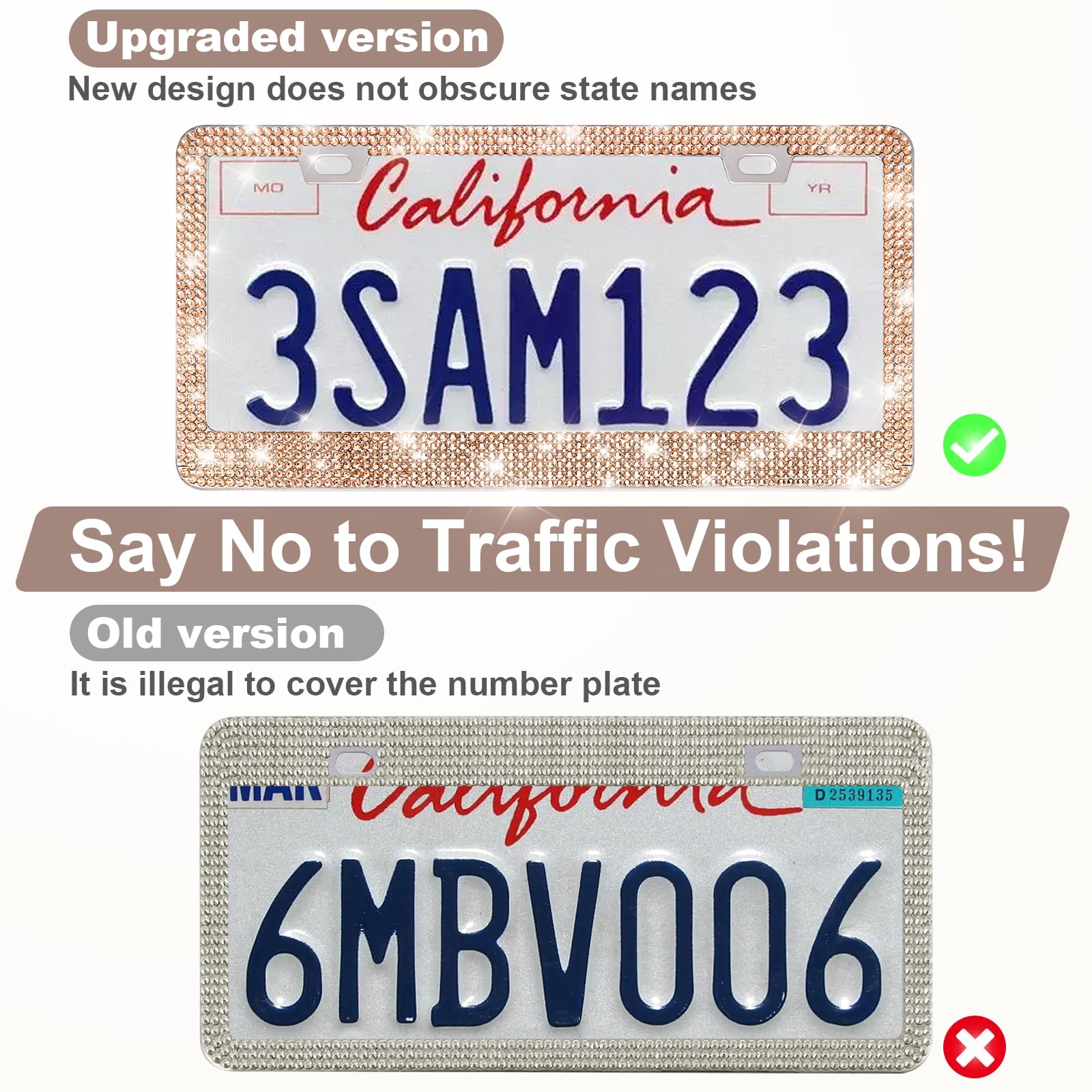 Quanqiufei 2 Pack Bling License Plate Frames For Women, Sparkly Rhinestone Diamond Car Accessories With Glitter Crystal Caps (Ch