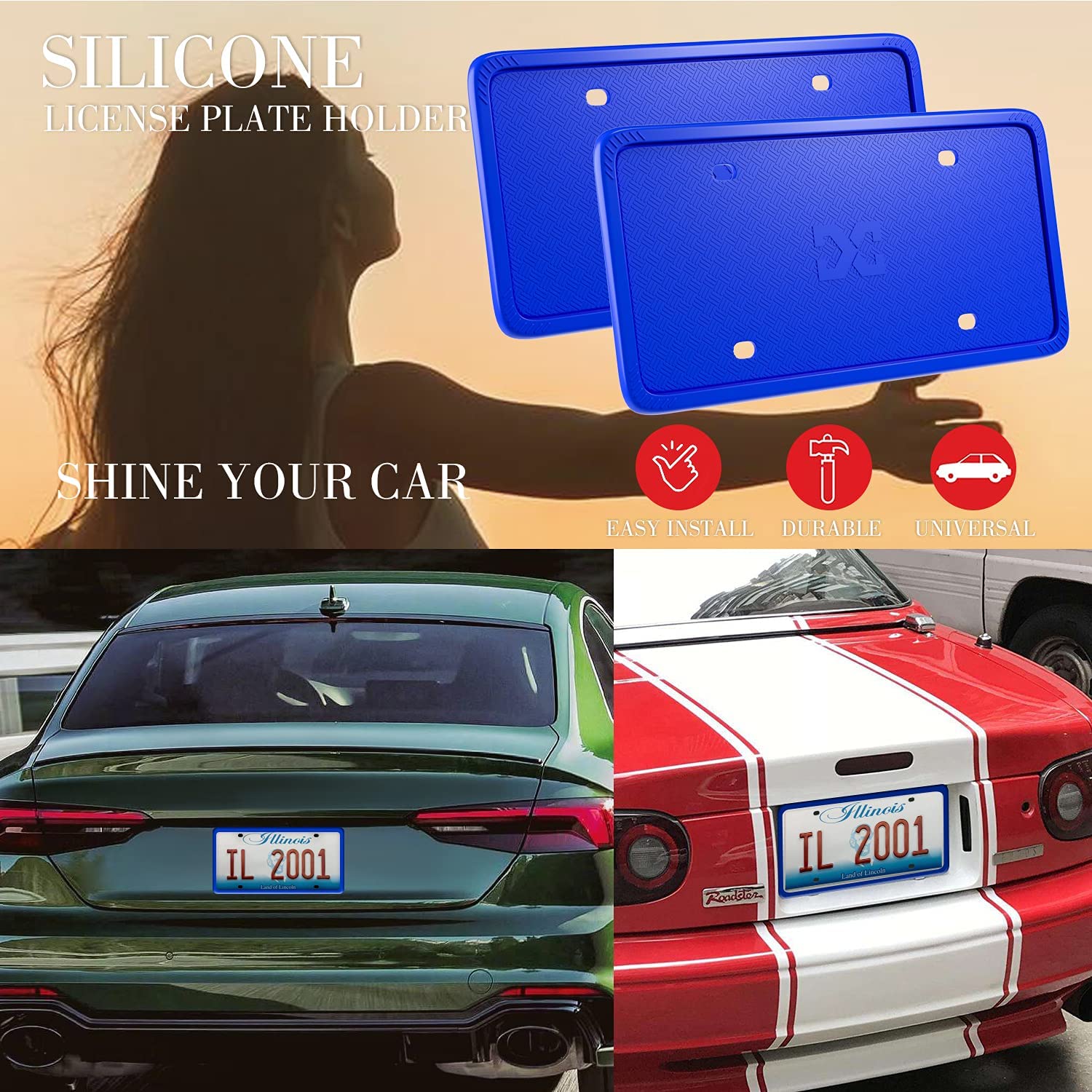 Xclpf Silicone Blue License Plate Frame Covers 2 Pack- Front And Back Car Plate Bracket Holders. Rust-Proof, Rattle-Proof, Weath