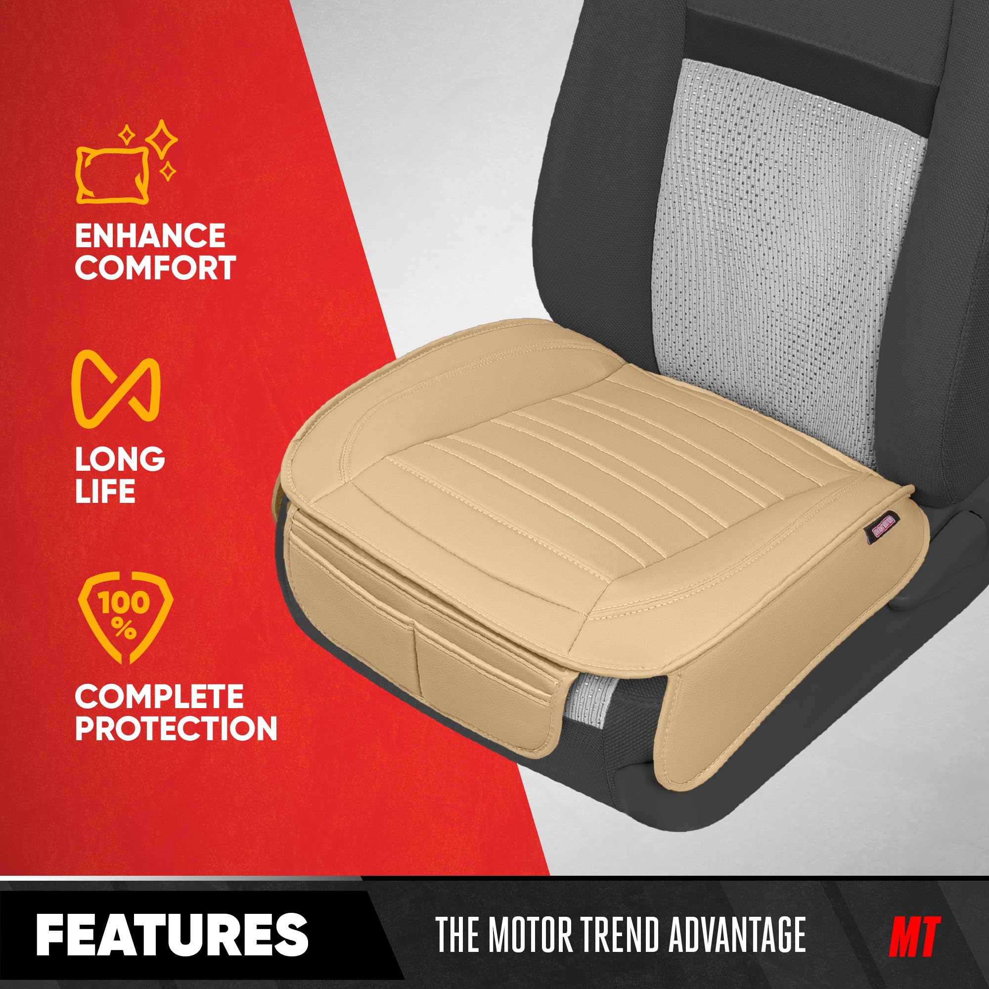Motor Trend Seat Covers For Cars Trucks Suv, Faux Leather Beige Padded Seat Covers With Storage Pockets, Premium Interior Car Se