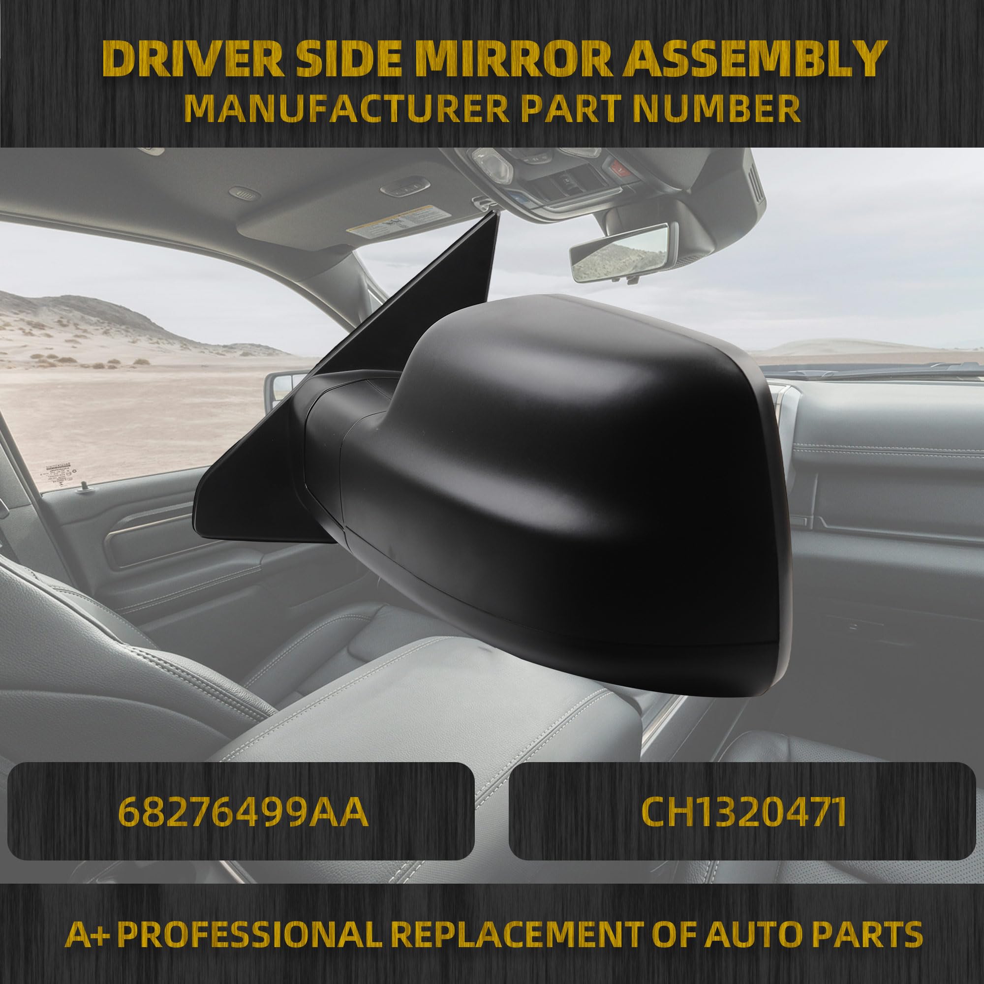 Dasbecan Left Driver Side Mirror Compatible with 2019-2024 Ram 1500 Rearview Mirror with Temp Sensor/Power Heated Glass/Manual F