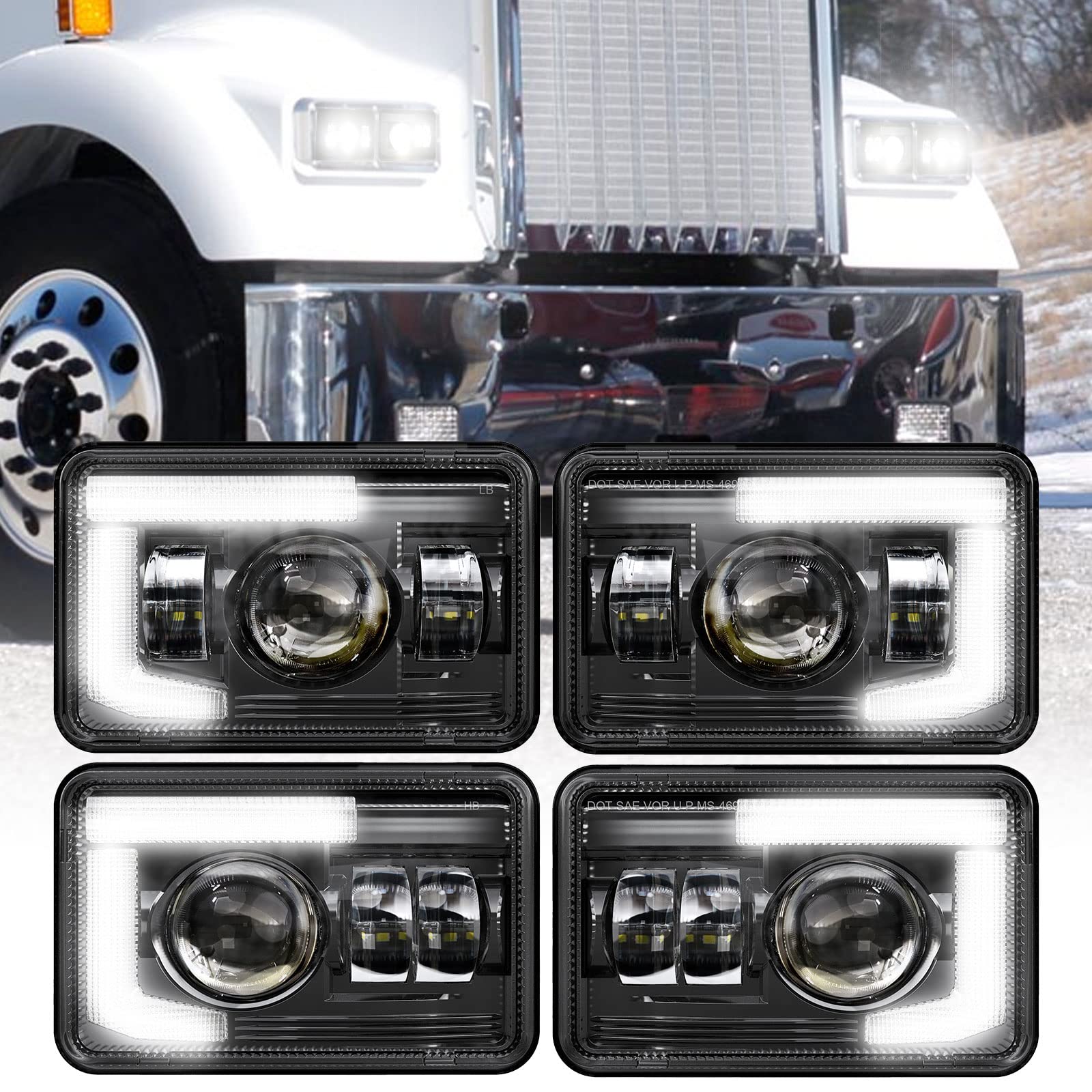 Bicyaco Dot 120W 4X6 Inch Led Headlights Drl Rectangular Replacement H4651 H4652 H4656 H4666 H6545 Compatible With Peterbilt Ken