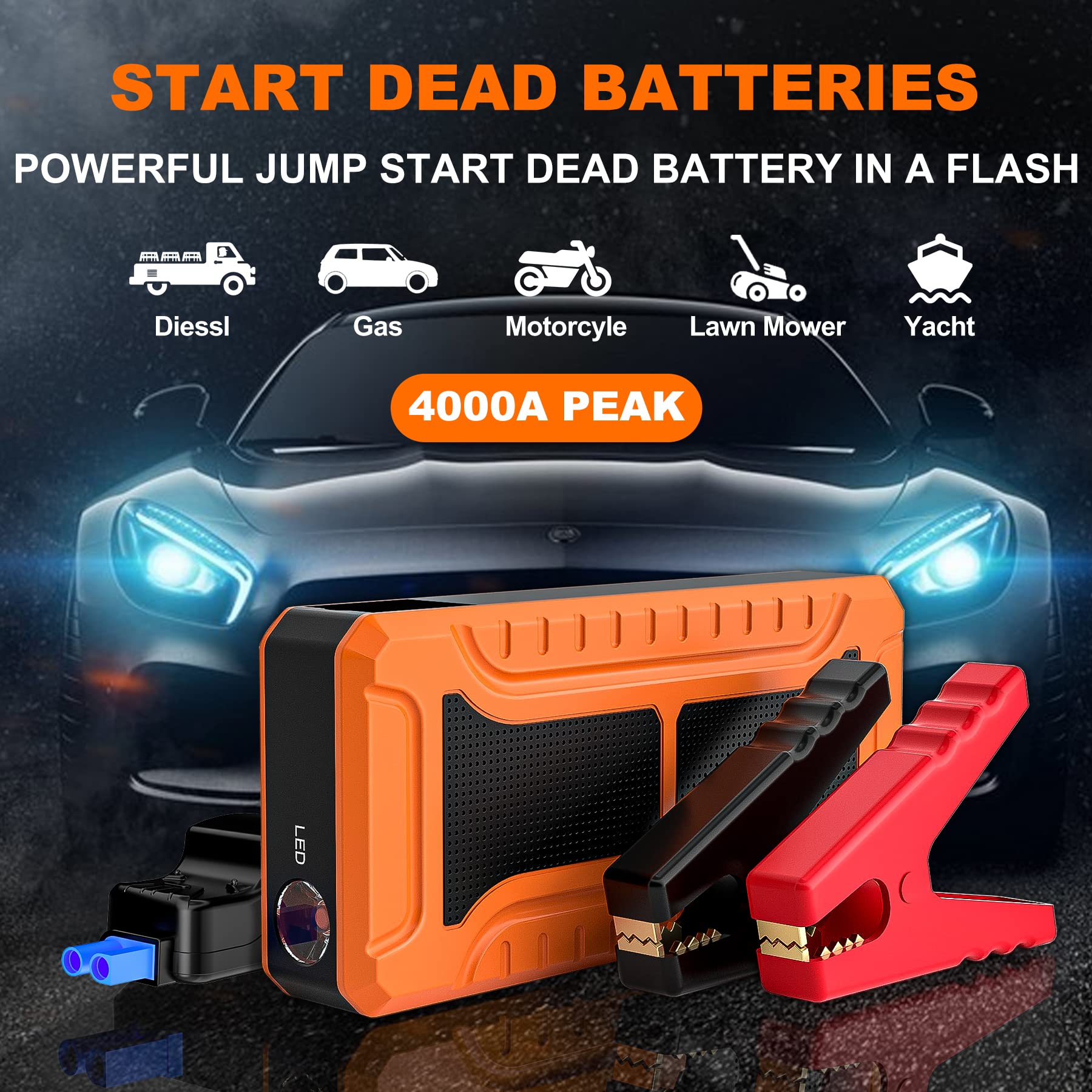 Sypom Car Jump Starter, 4000A Peak Battery Jump Starter (For All Gas Or Up To 10L Diesel), Portable Battery Booster Power Pack, 12V Auto Jump Box With Led Light,Power Bank, Usb Quick Charge