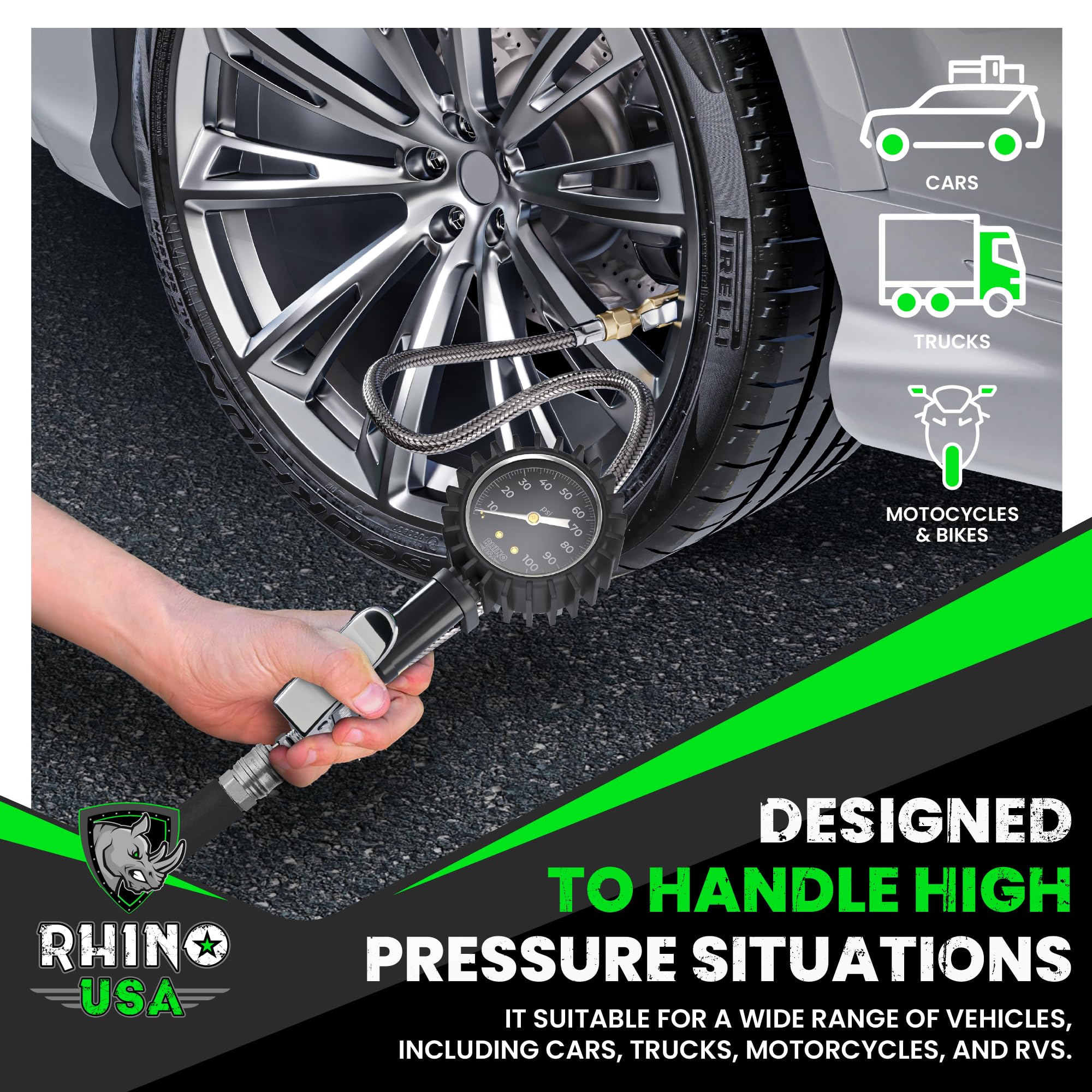 Rhino USA Tire Inflator with Pressure Gauge (0-100 PSI) - ANSI B40.1 Accurate, Large 2'' Easy Read Glow Dial, Premium Braided Ho