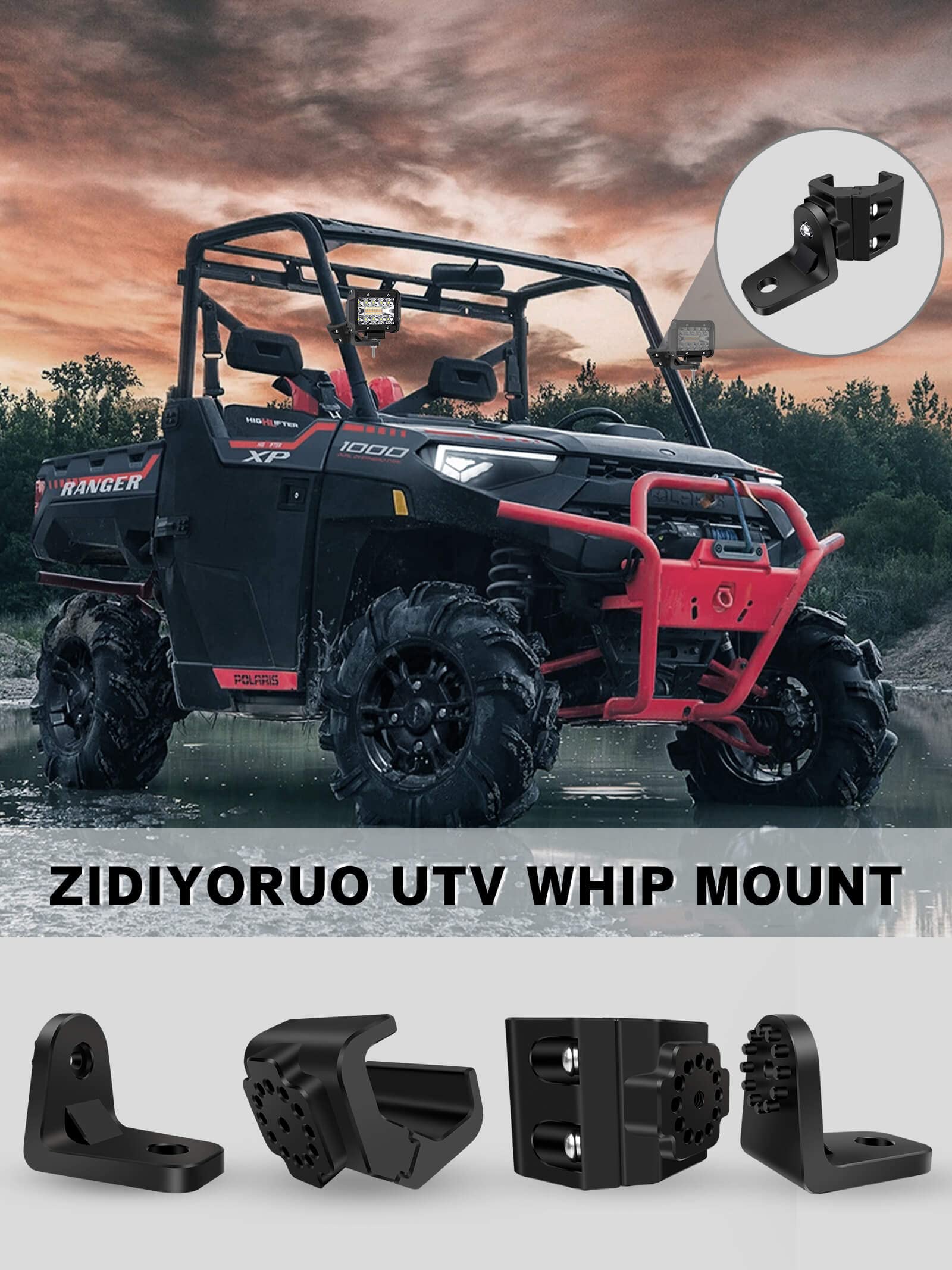 Zidiyoruo Utv Whip Mount For Polaris Ranger, 2Pcs Heavy-Duty Whip Light Mount For Polaris Ranger General Can Am Defender Command