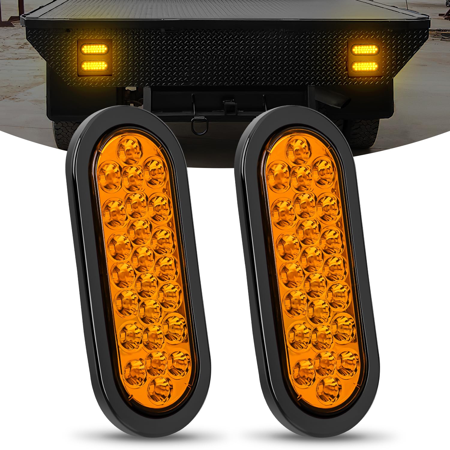 Nilight 6Inch Oval Trailer Tail Light 2Pcs Amber 24Led Turn Signal Lights W/Flush Mount Grommets Plugs Ip67 Waterproof For 12V T