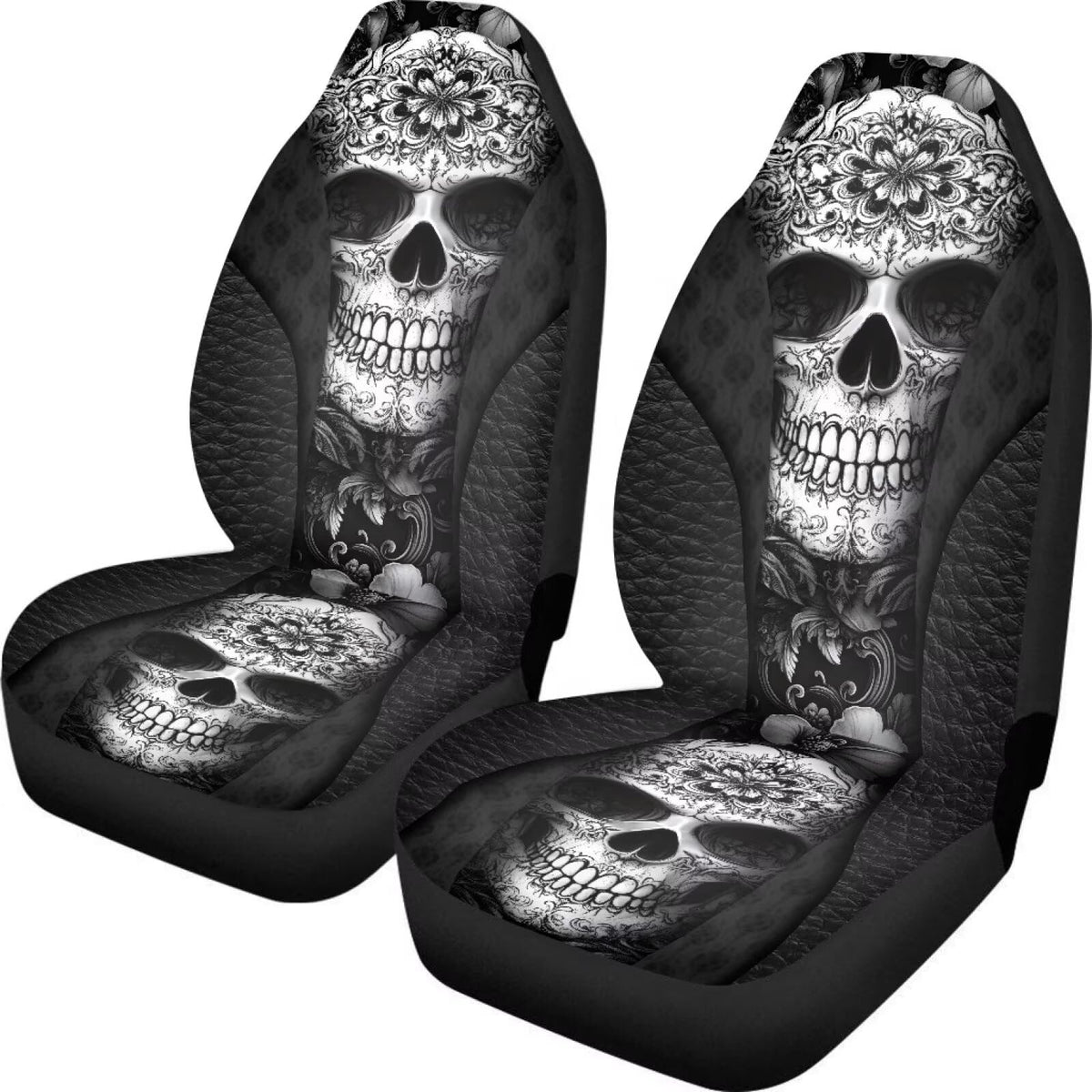 Buybai Boho Skull Car Seat Covers Set 2 Pieces Hard-Wearing Bucket Seat Protector Non-Slip Car Seat Covers Accessories Fit Most