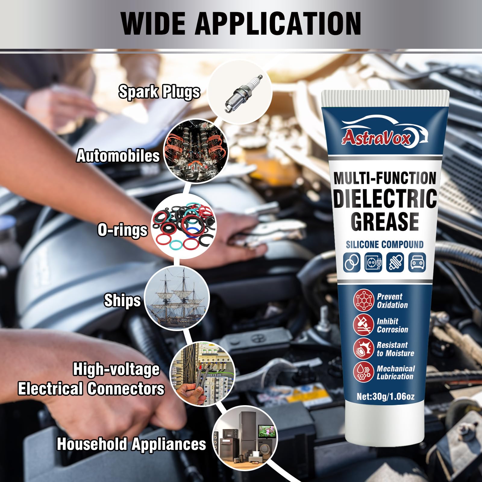 AstraVox Silicone Dielectric Grease for Electrical Connectors Automotive, Dialectric Grease with a Brush, Spark Plug, O Rings, M