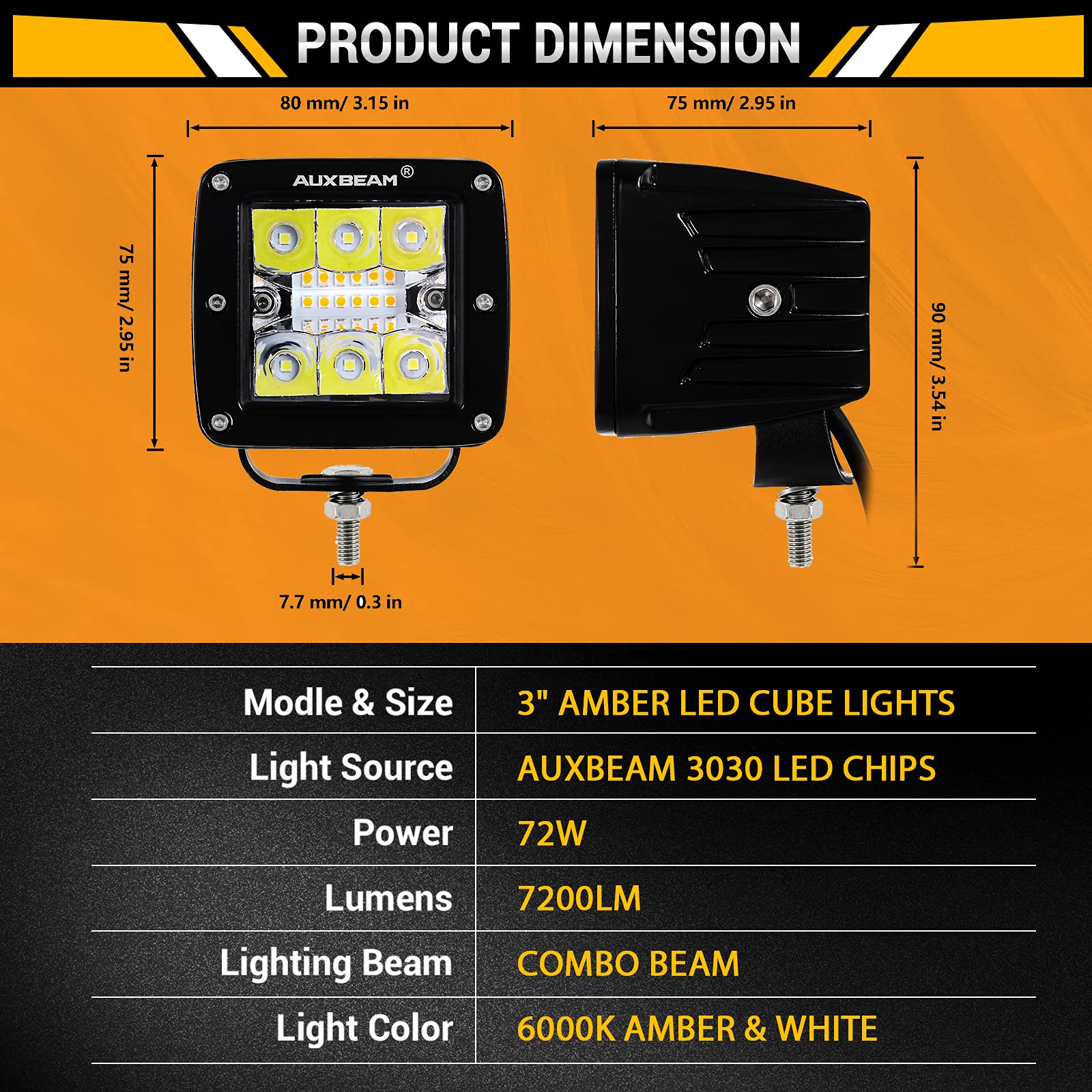 Auxbeam 3 Inch 72W Led Cube Light Bar Amber/White Work Led Pod Lights Off-Road Driving Lights For Truck Suv Boat 4X4 Jeep Wrangl