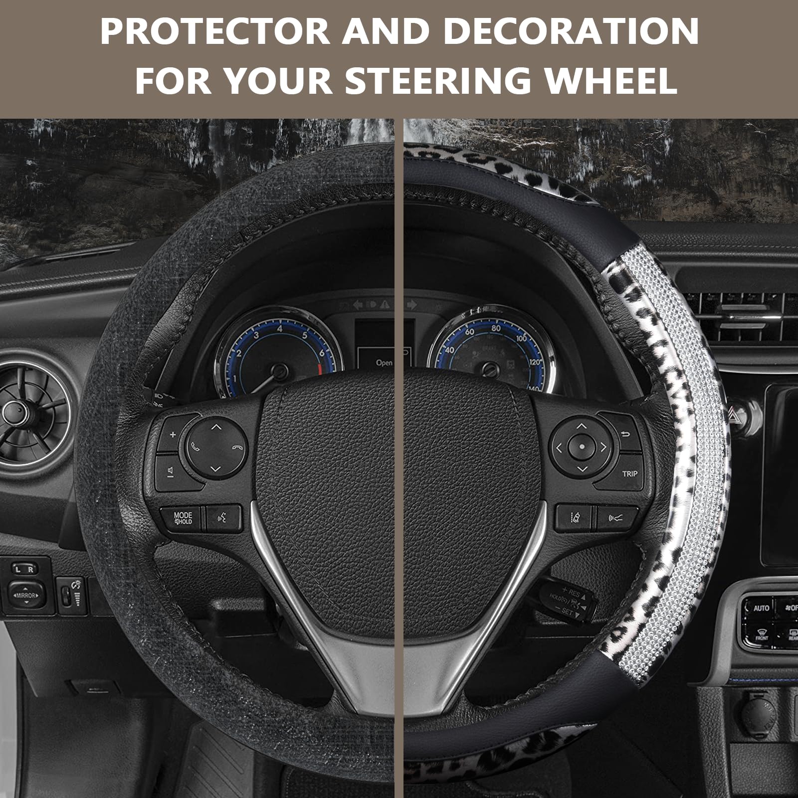 AUTOYOUTH Leopard & Cheetah Print Steering Wheel Cover - Bling Crystal Rhinestones, Leather, Non-Slip, Universal Fit 14.5-15 Inch, Black & Silver