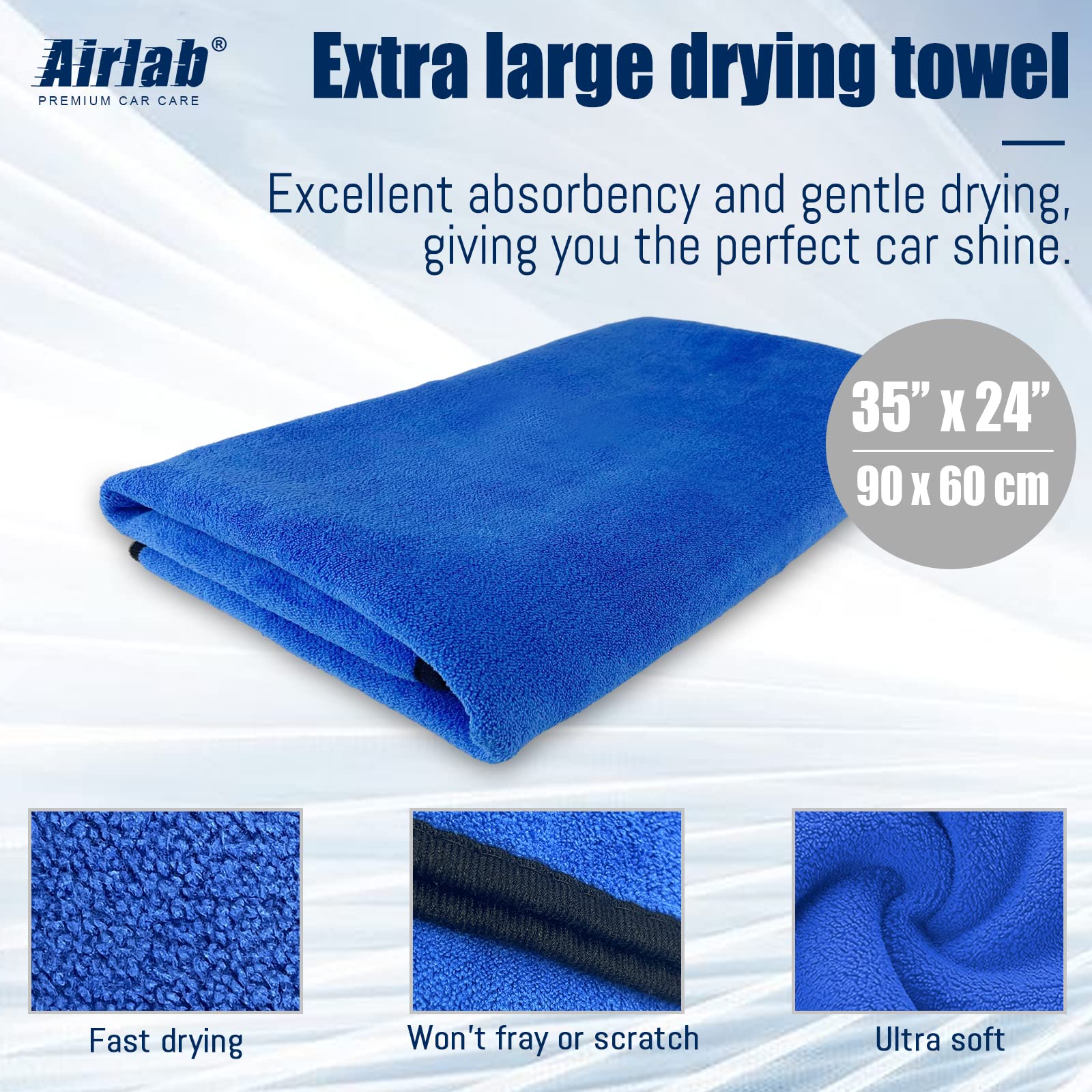 Airlab Xl Microfiber Towels For Cars Drying Plush Extra Large Ultra Soft Absorbent Auto Detailing Cleaning Cloth, Lint-Free, Streak-Free, 24'' X 35'' - Pack Of 1
