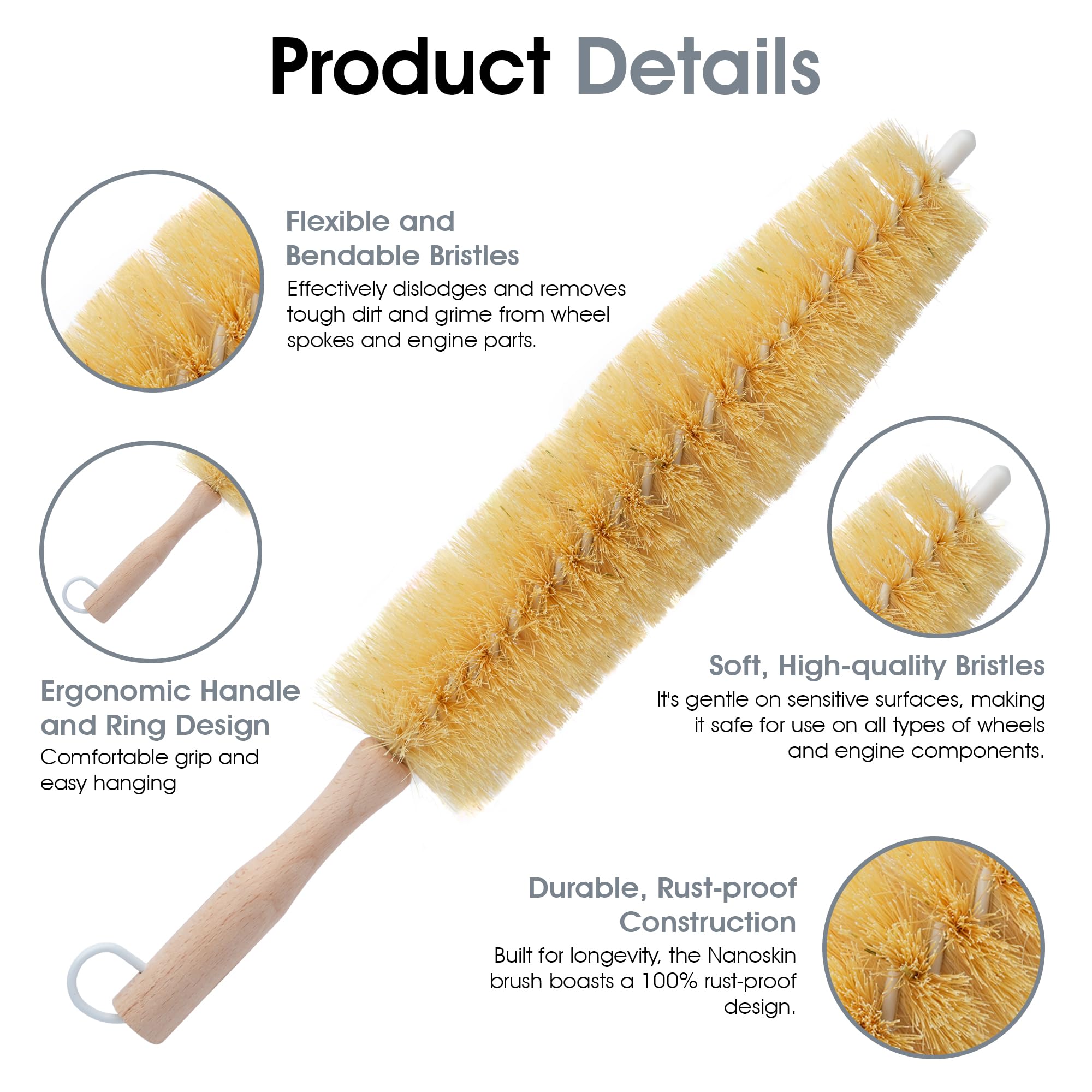 Nanoskin Ultra-Reach 17-Inch Professional Car Detailing Brush For Spokes, Wheels, Engines - Long Handle, Flexible Bristles, Scra