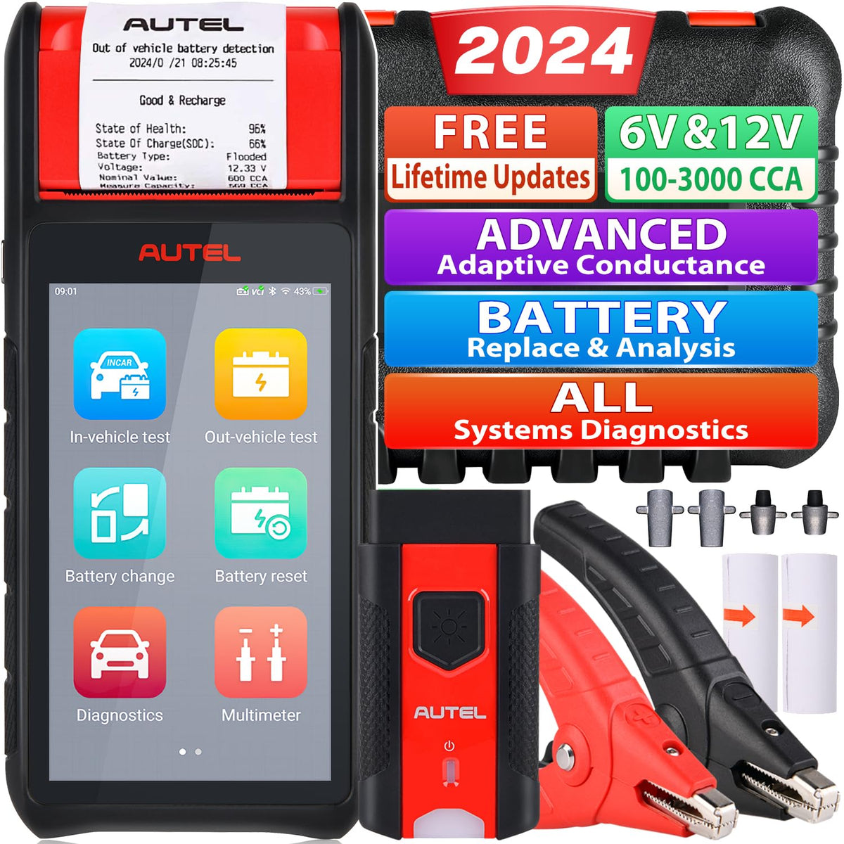 Autel Battery Tester Maxibas Bt608 (E), 2024 Upgrade Of Bt508 Bt506, 6-12V 100-3000Cca Battery Tester, Cranking Charging System 