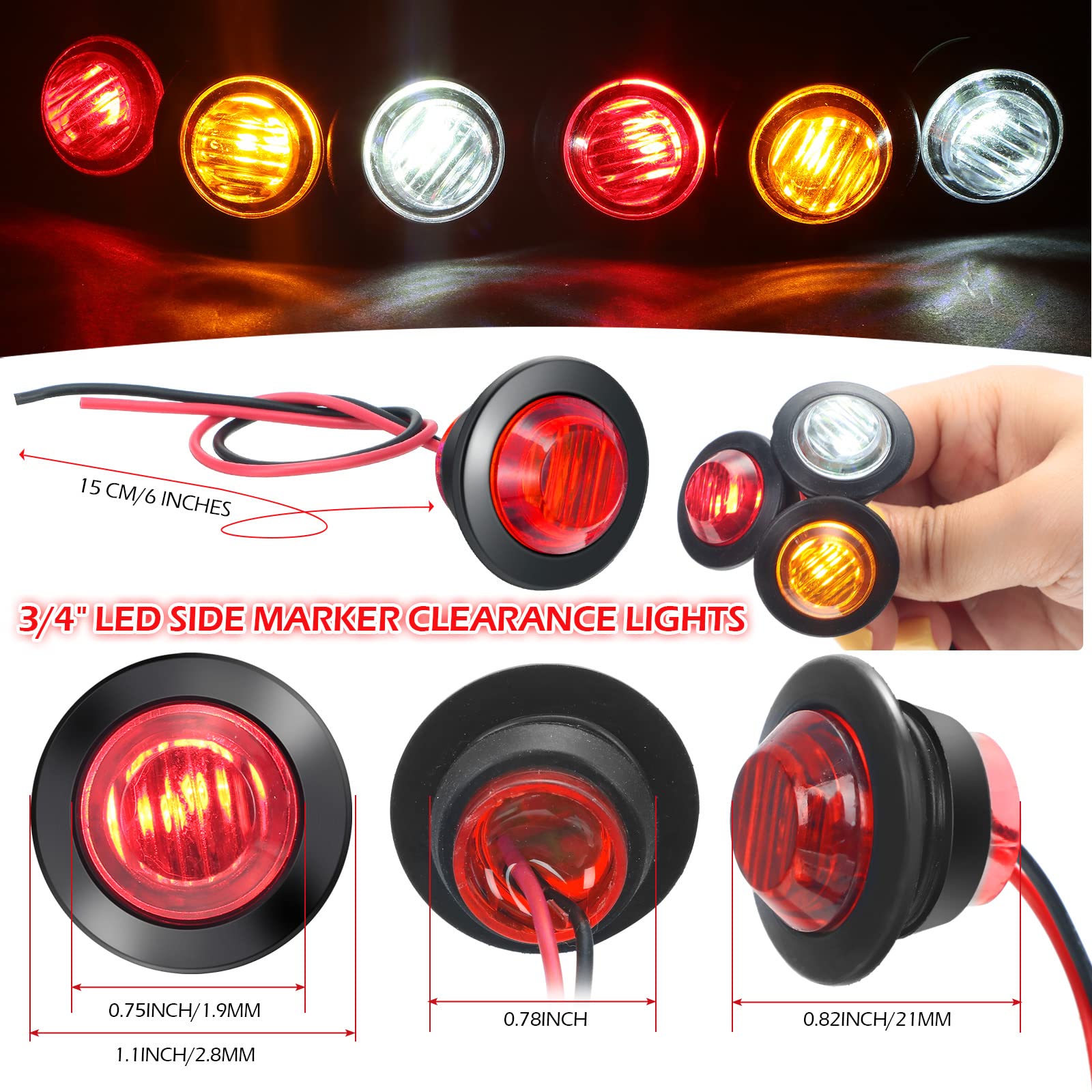 90 Pack 3/4 Inch Led Side Marker Lights Mini Trailer Button Lights Round Signal Lamp 3 Led Sealed Flush Mount Bulb For Boat Lorry Truck Pickup Bus 12V Dc, Amber, Red, White