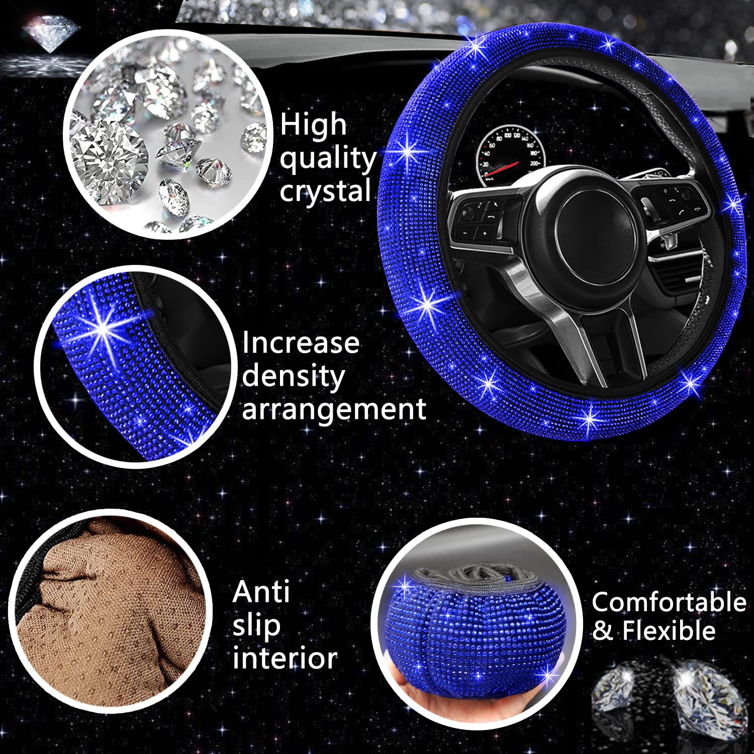 Nbtepem 27 Pcs Blue Bling Car Accessories Set For Women, Bling Steering Wheel Covers Universal Fit 15 Inch, Bling License Plate