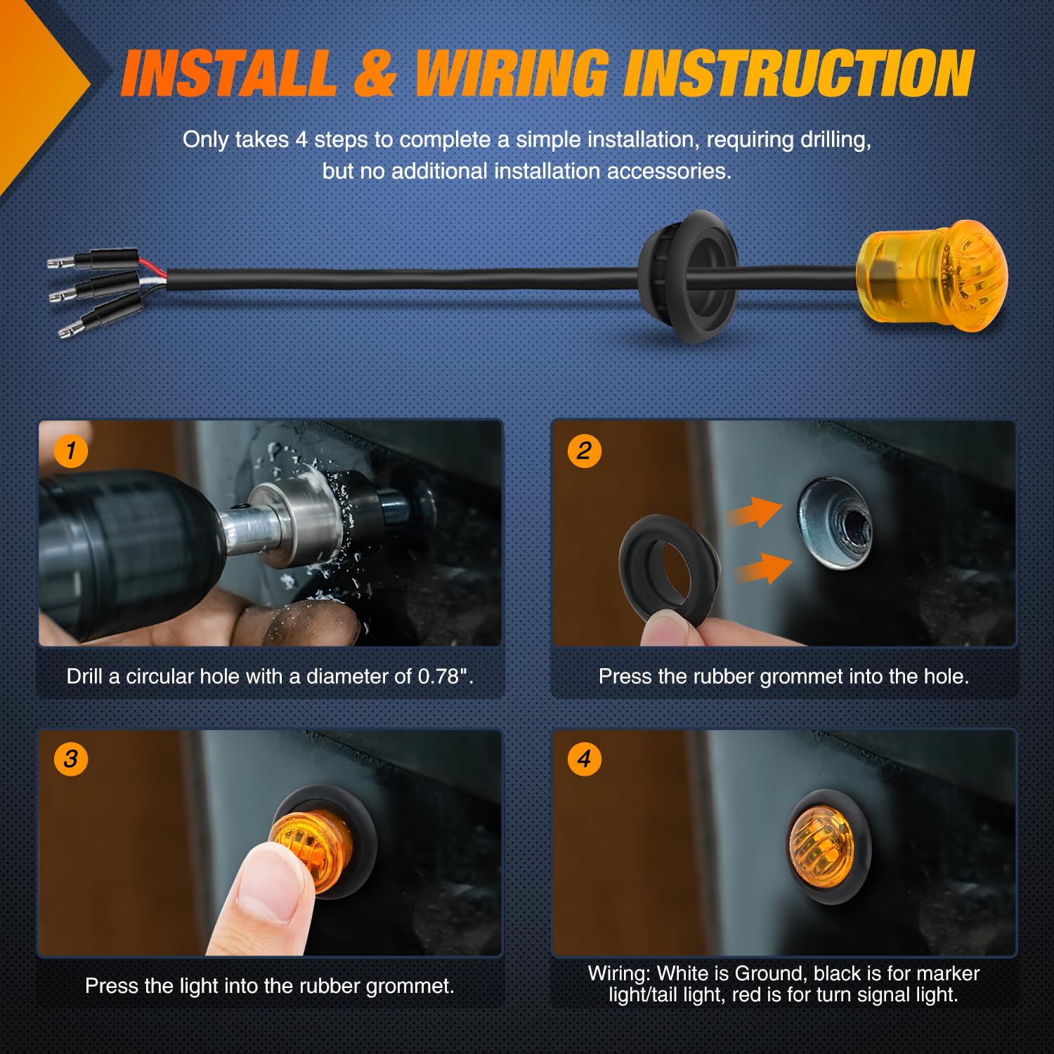 Nilight 3/4Inch Round Marker Light 10Pcs Amber Led Turn Signals 3 Connectors Side Indicator Bullet Clearance Lights Ip68 Waterpr