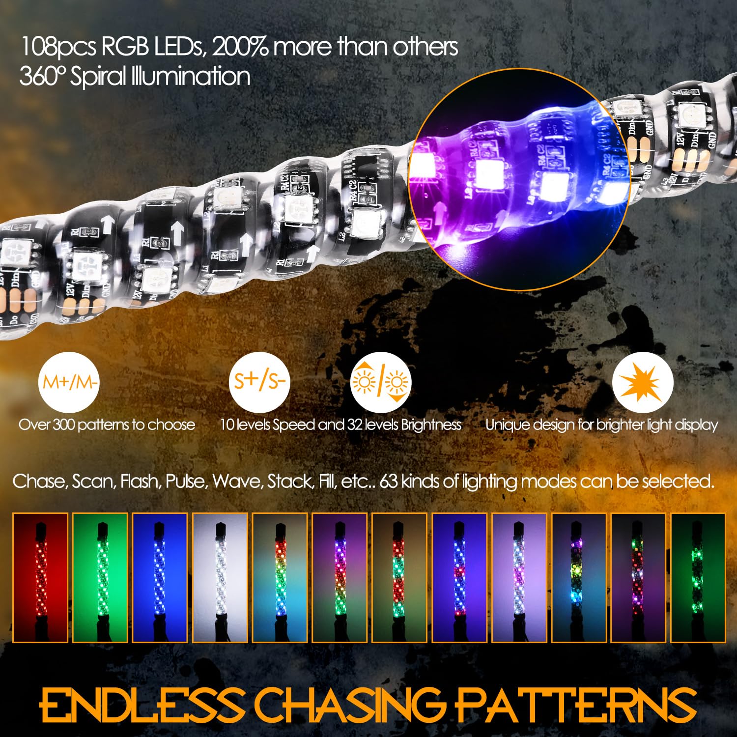 Nirider 2Pcs 1Ft Led Whip Lights With Flag Pole Remote Control Spiral Rgb Chase Light Offroad Warning Lighted Antenna Led Whips