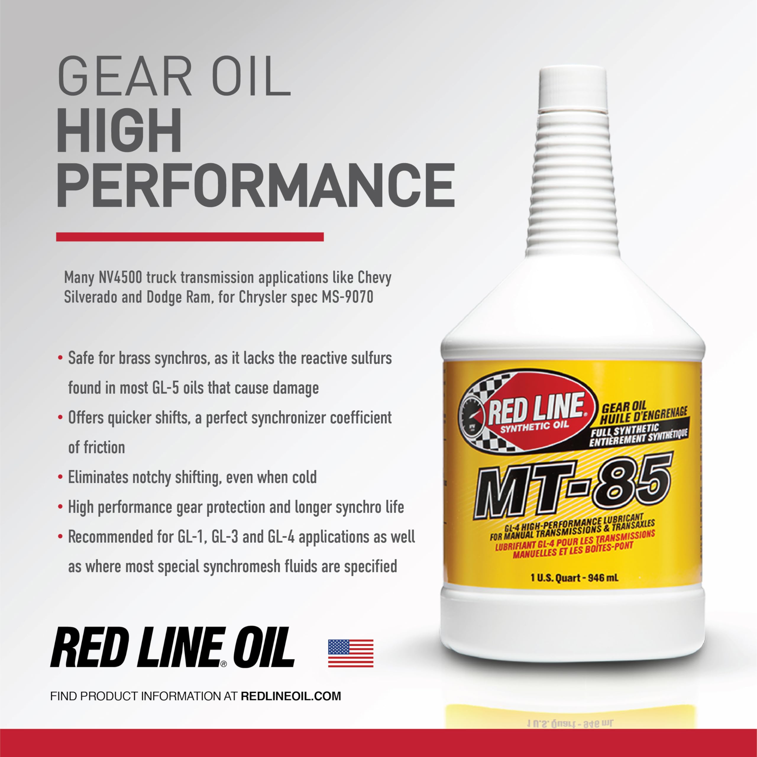 Red Line 50504 Mt-85 Manual Transmission 75W85 Gl-4 Gear Oil - 1 Quart (4 Pack)