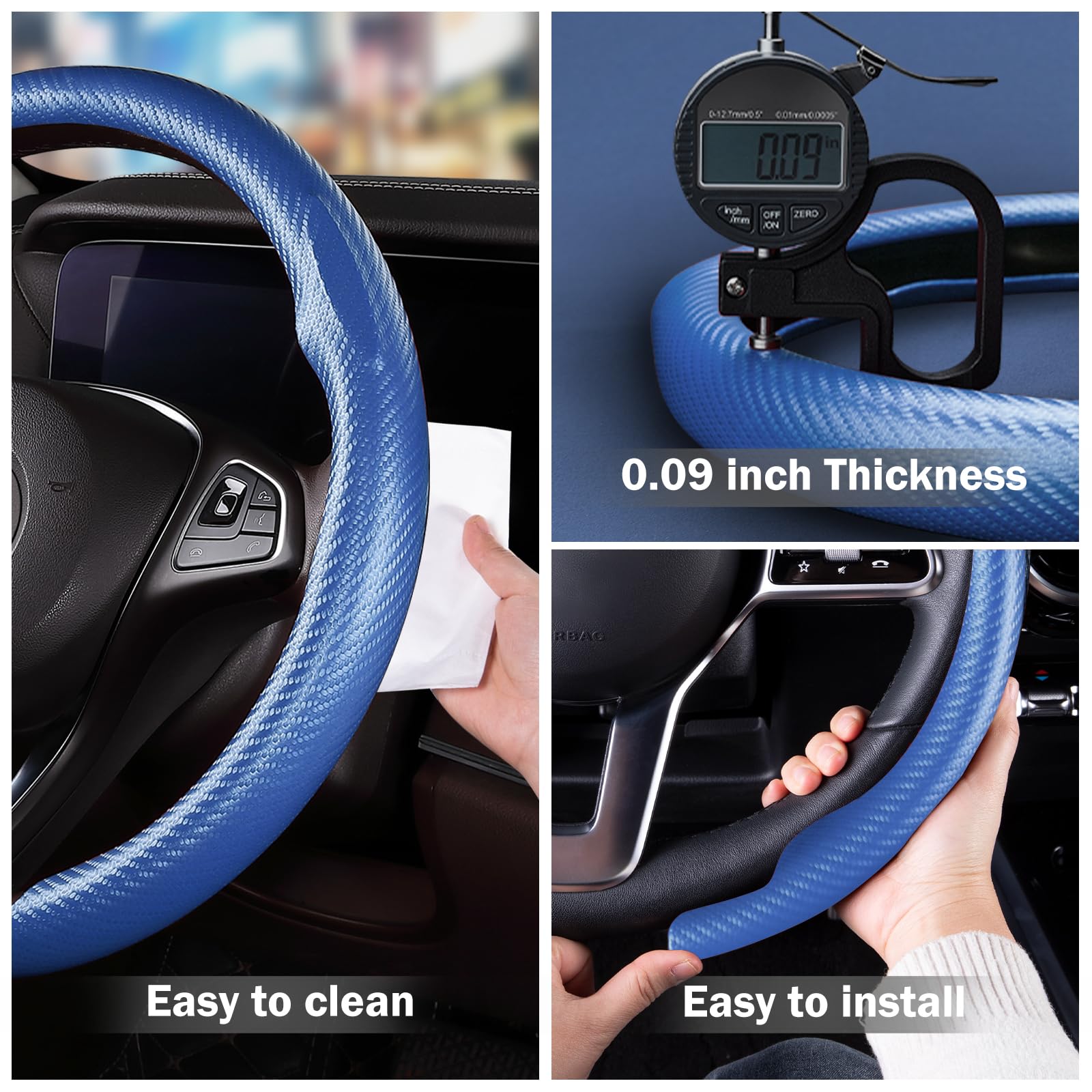 Car Steering Wheel Cover Carbon Fiber Snap On Steering Wheel Accessories Wrap 14.5-15 inch Universal Grip Anti-Skid Protector, M