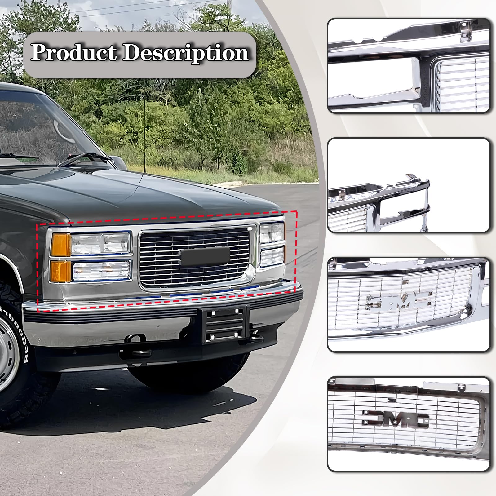 CarPartsDepot Front Grille Grill Chrome Compatible With 1994-2000 GMC C/K 1500 2500 3500 Sierra Yukon GM1200448 With Dual Headli